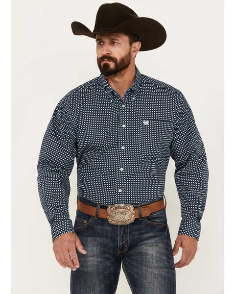 Cinch Men's Geo Print Long Sleeve Button-Down Western Shirt, Navy, hi-res