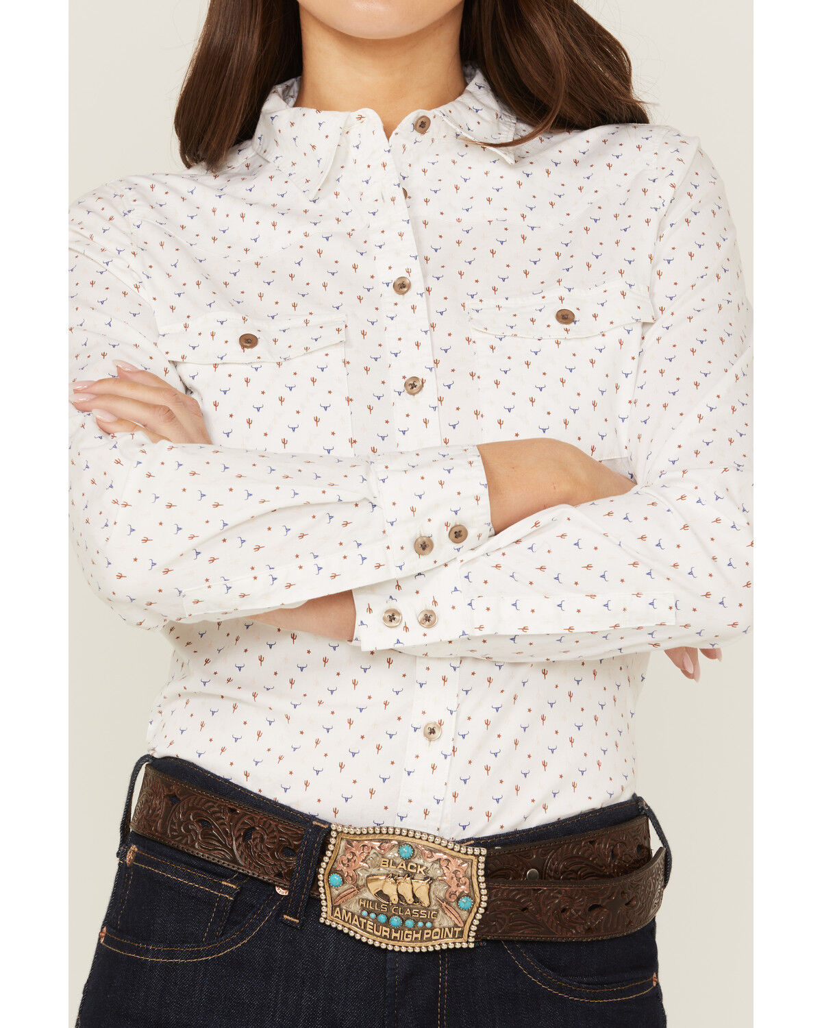 Image #3 - RANK 45® Women's Western Cactus Conversation Print Long Sleeve Button-Down Western Riding Shirt, Ivory, hi-res