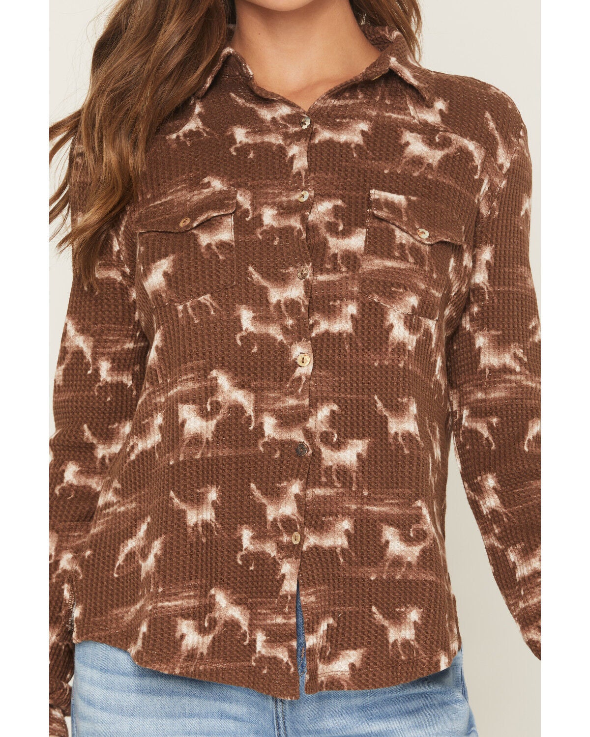 Image #3 - Wild Moss Women's Horse Print Long Sleeve Button-Down Western Shirt, Brown, hi-res