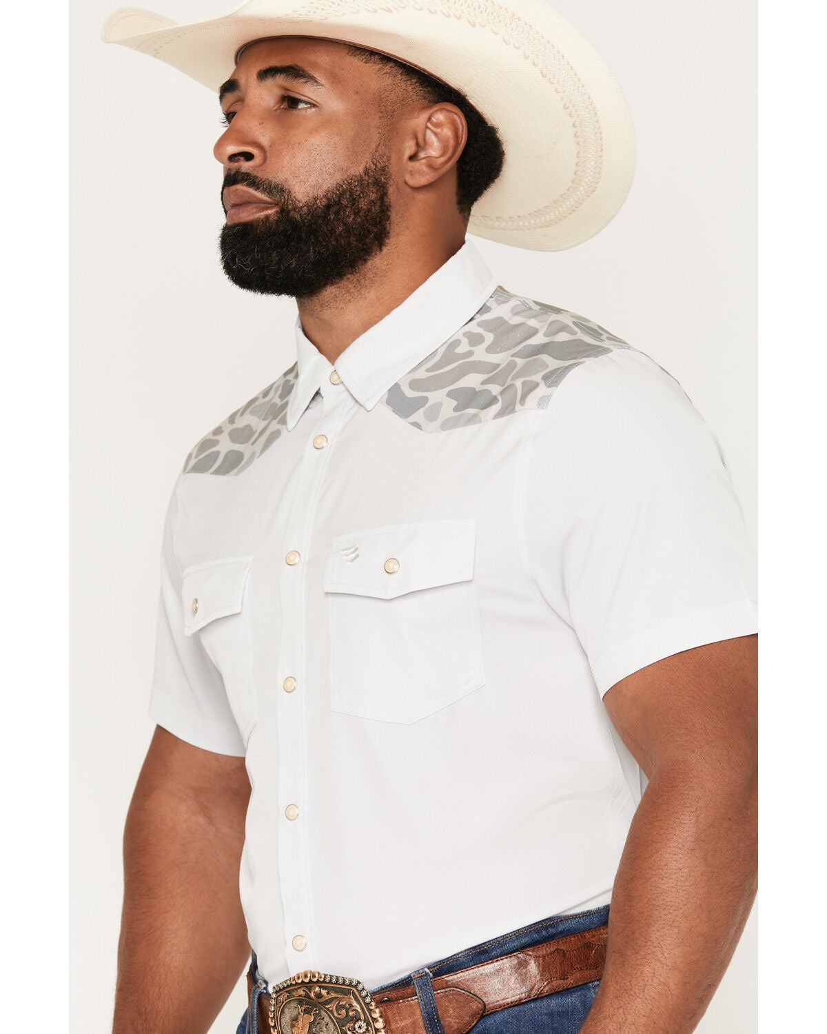 Image #2 - Burlebo Men's Camo Color Block Short Sleeve Snap Performance Western Shirt, Grey, hi-res