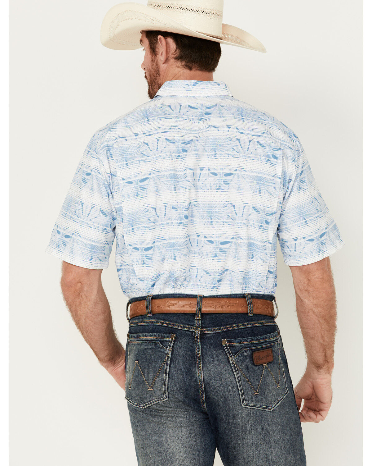 Image #4 - Ariat Men's VentTEK Outbound Striped Leaf Print Short Sleeve Performance Shirt - Tall, Light Blue, hi-res