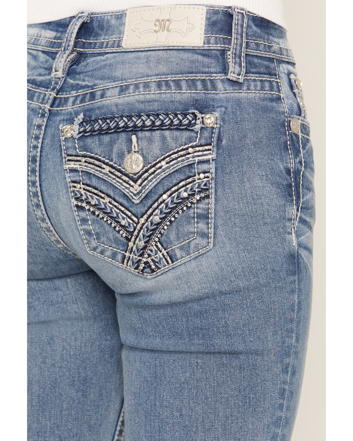 Image #2 - Miss Me Women's Medium Wash Mid Rise Faux Flap Pocket Bootcut Stretch Denim Jeans, Medium Wash, hi-res