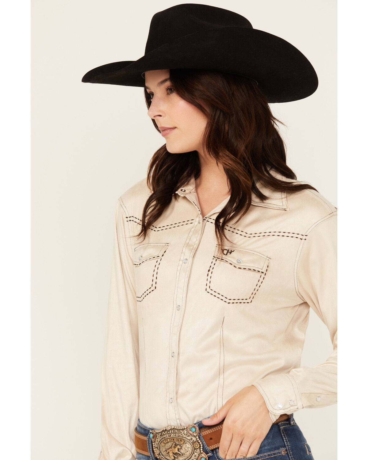 Image #2 - Cowgirl Hardware Women's Faux Suede Long Sleeve Snap Western Shirt, Off White, hi-res