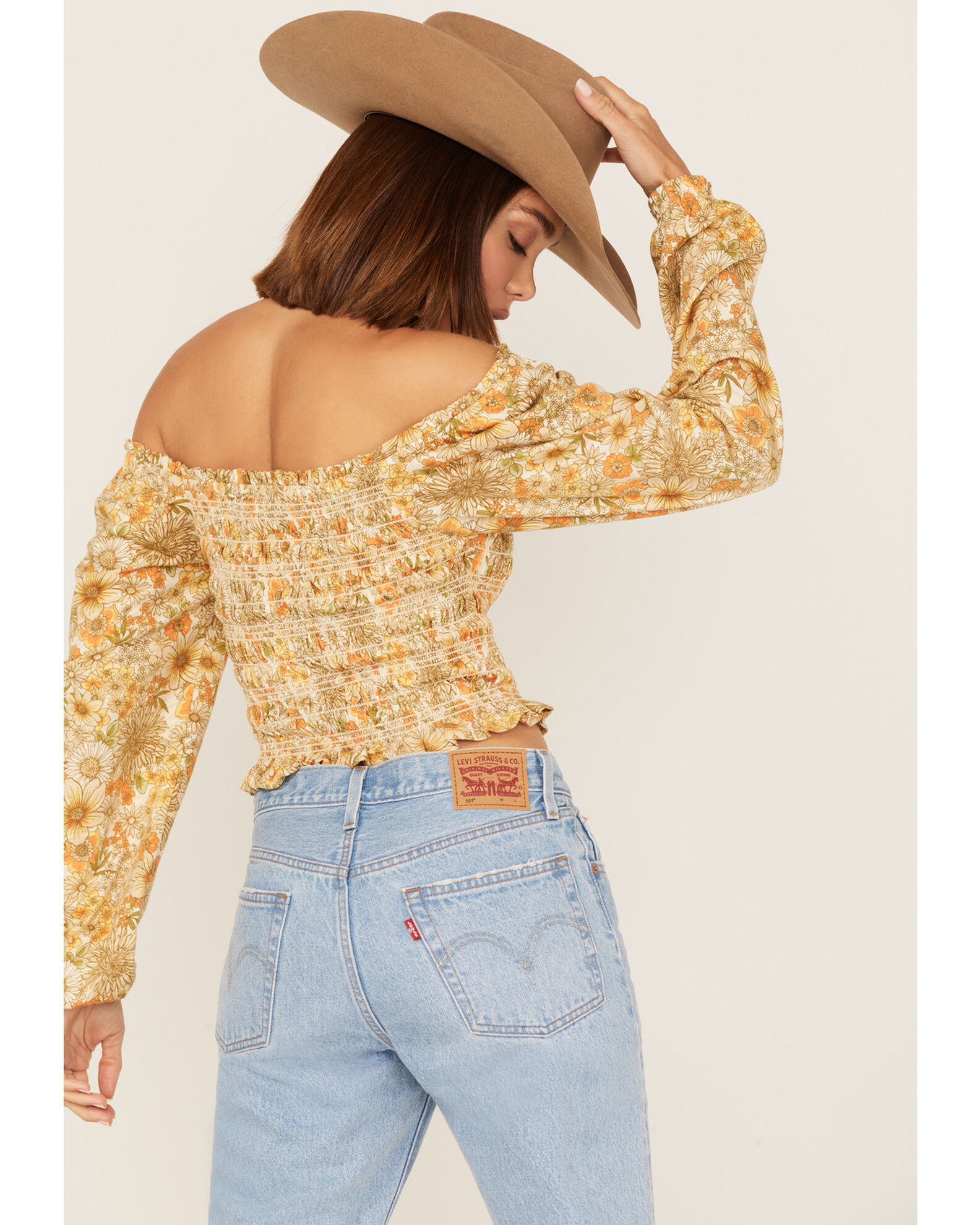 Image #4 - Jolt Women's Floral Print Smocked Long Sleeve Crop Top, Ivory, hi-res