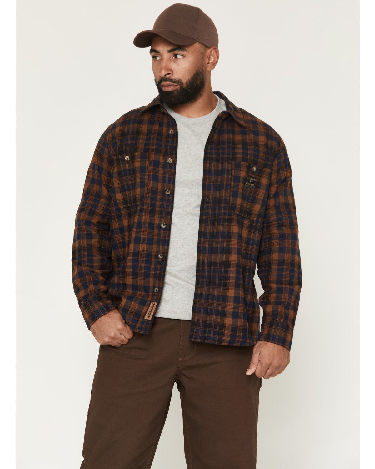 Image #1 - Lucky Brand Workwear Men's Elstar Plaid Print Long Sleeve Button-Down Flannel Shirt, Bronze, hi-res