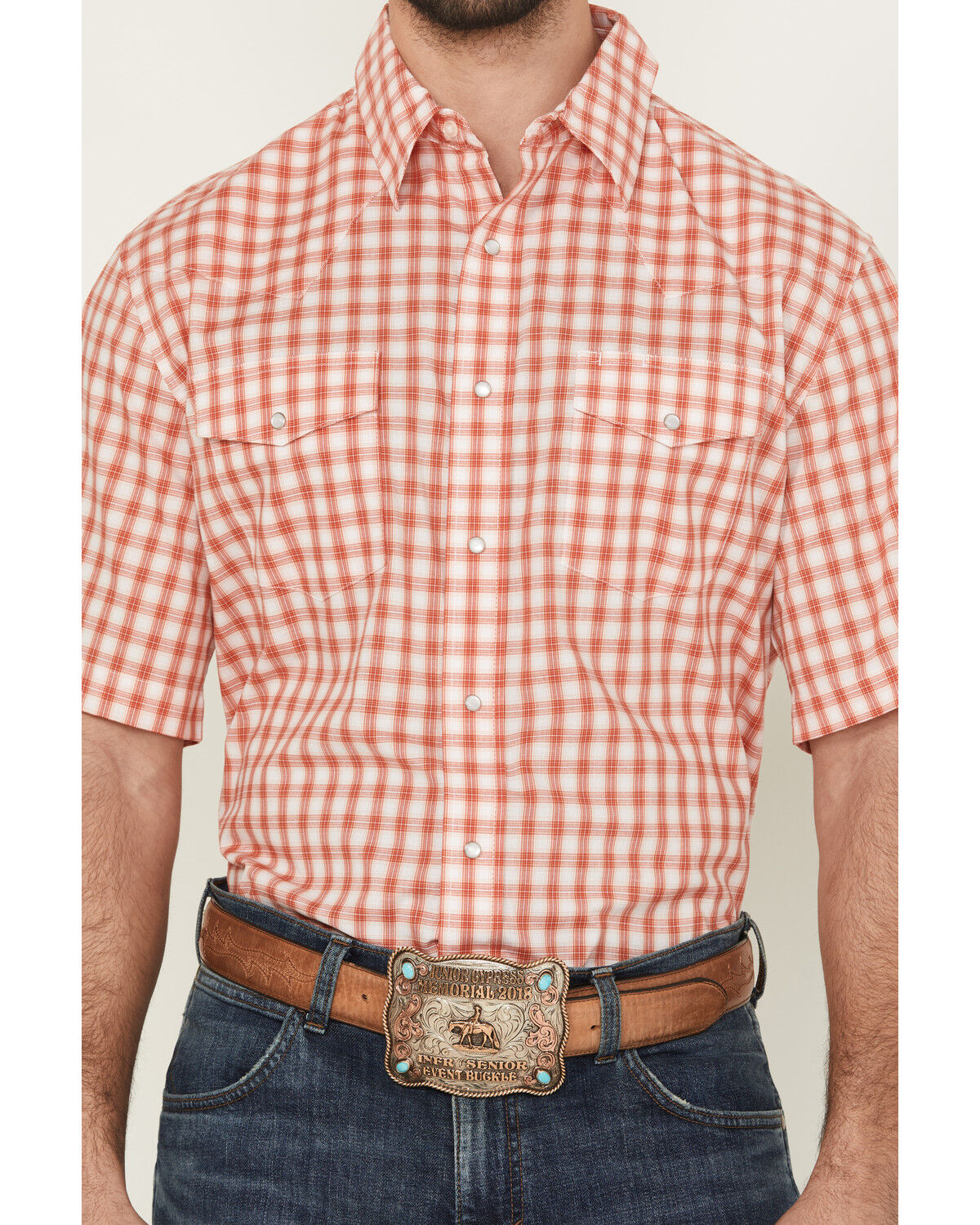 Image #3 - Wrangler Men's Plaid Print Short Sleeve Pearl Snap Western Shirt - Tall, Orange, hi-res