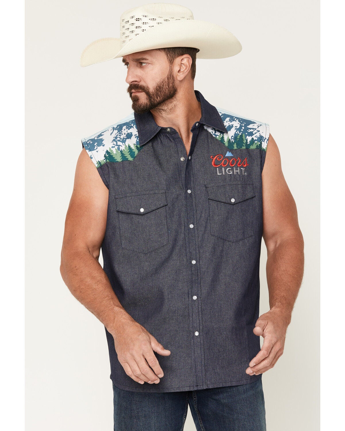 Image #1 - Coors Men's Boot Barn Exclusive Mountain Sleeveless Pearl Snap Bubba, Blue, hi-res