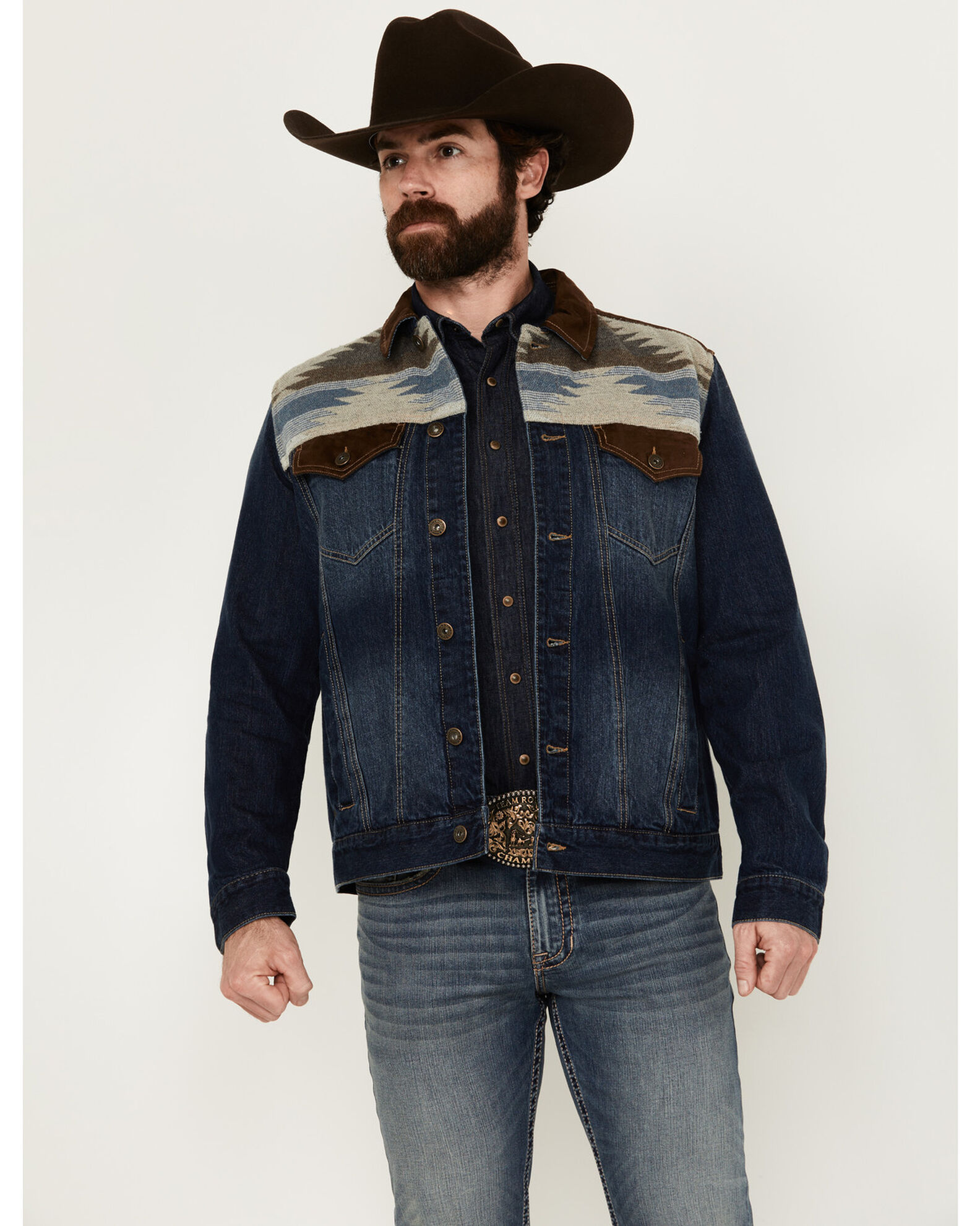 Cody James Men s Freedom Southwestern Yoke And Suede Trim Denim Jacket Country Outfitter