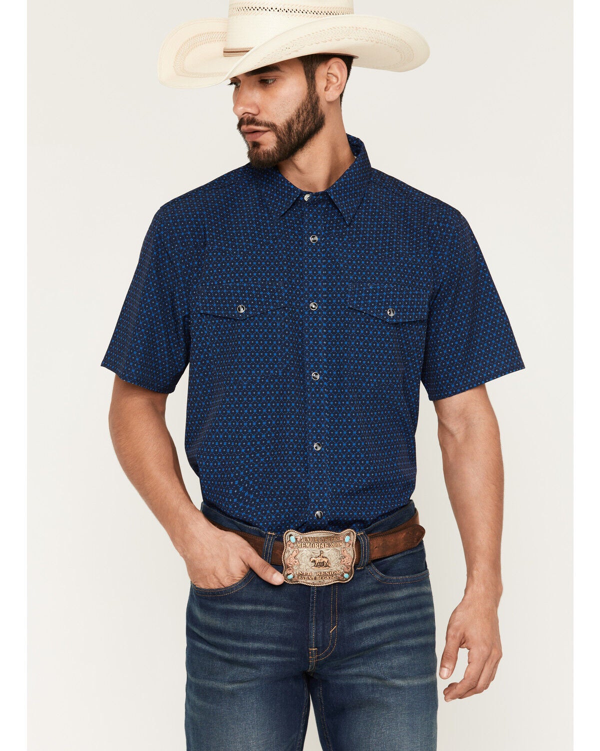 RANK 45&reg; Men's Sky Grid Geo Print Rodeo Tech 2.0 Short Sleeve Snap Western Shirt, Navy, hi-res