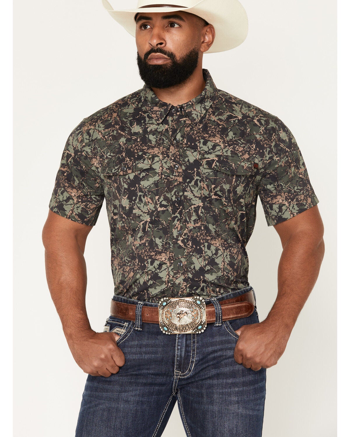 Rock & Roll Denim X Koe Wetzel Men's Camo Print Short Sleeve Pearl Snap Stretch Western Shirt, Camouflage, hi-res