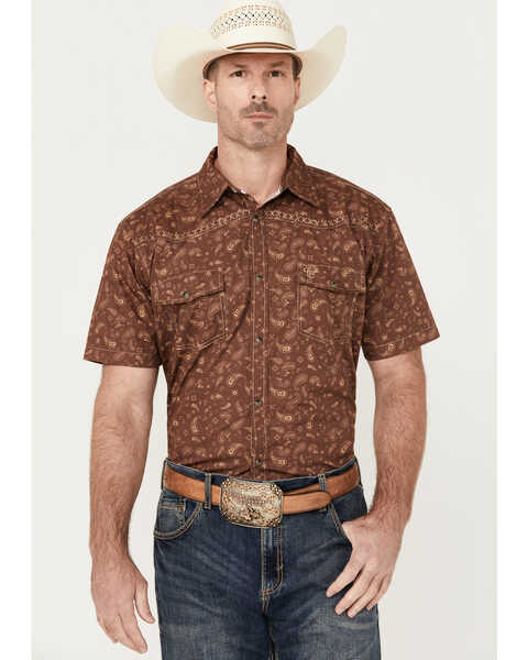 Cowboy Hardware Men's Roman Paisley Print Short Sleeve Western Snap Shirt, Brown, hi-res