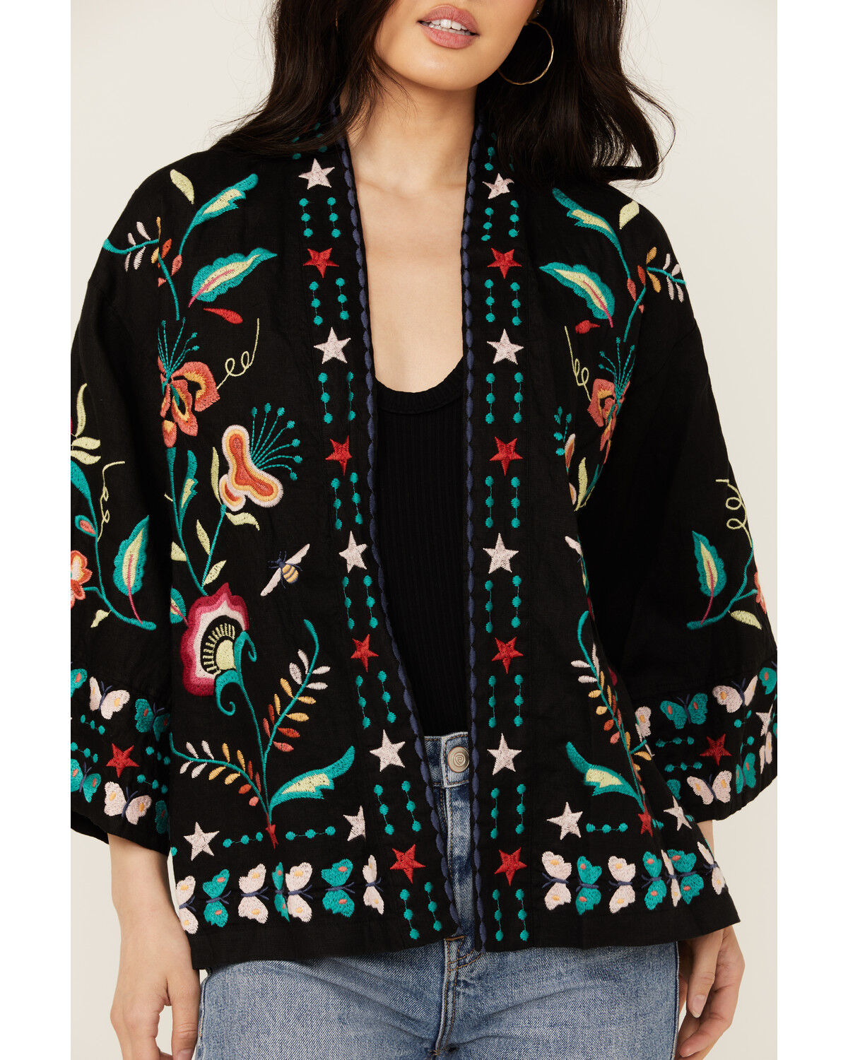 Image #3 - Johnny Was Women's Embroidered Cropped Kimono, Black, hi-res