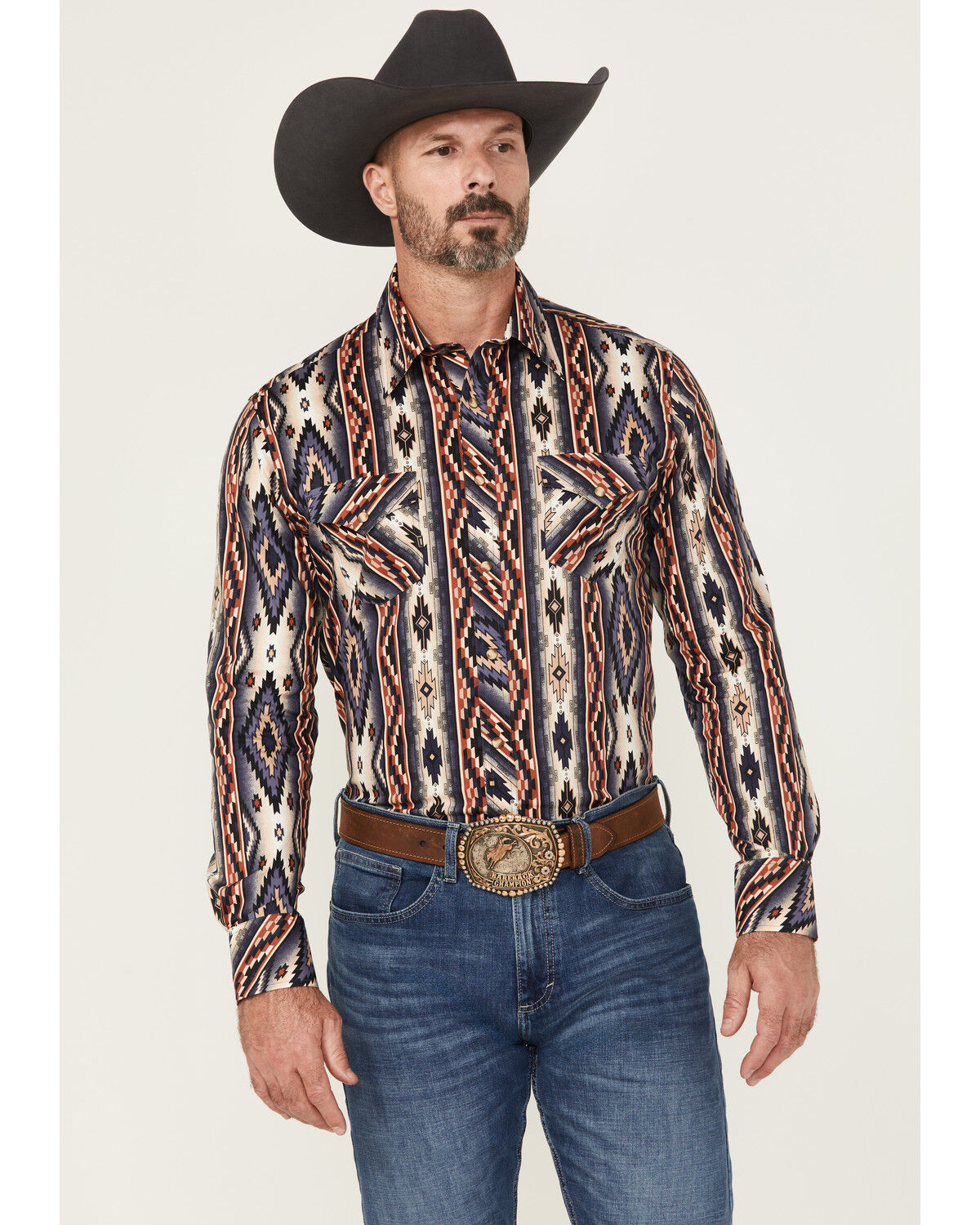Image #1 - Rock & Roll Denim Men's Southwestern Print Long Sleeve Snap Stretch Western Shirt, Multi, hi-res