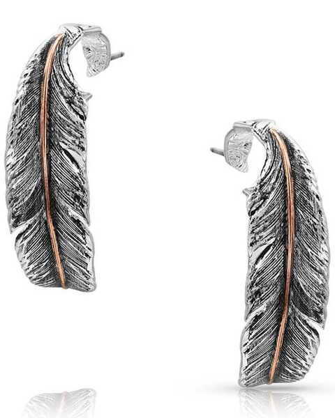 Montana Silversmiths Women's Wind Dancer Feather Hoop Earrings, Silver, hi-res