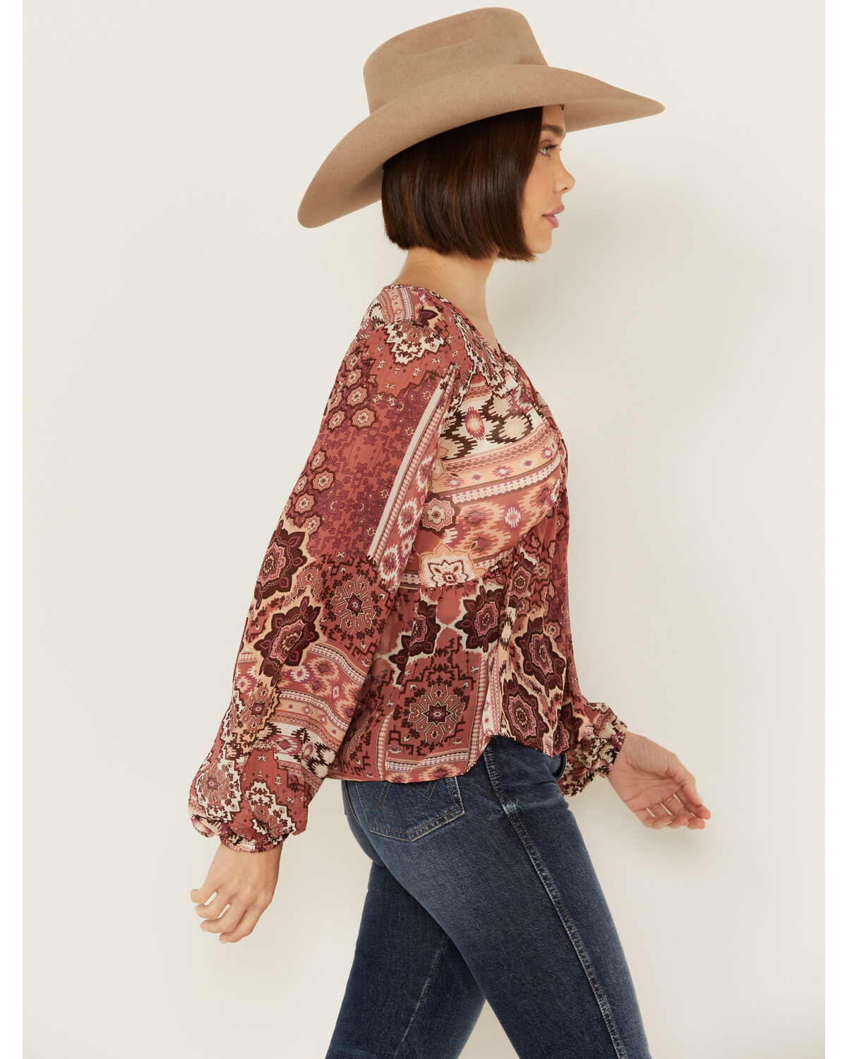 Image #2 - Shyanne Women's Printed Chiffon Long Sleeve Peasant Top, Rust Copper, hi-res