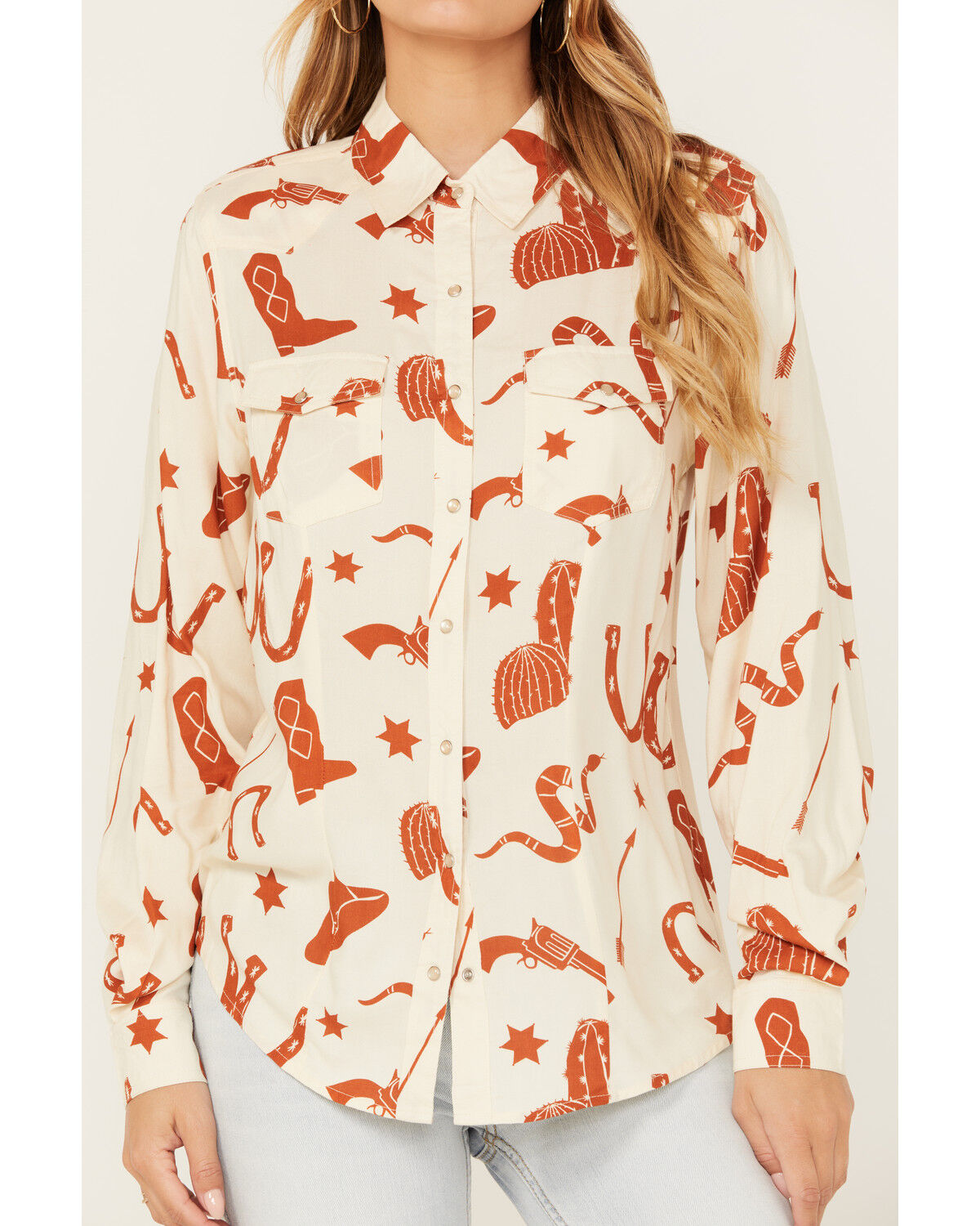 Image #3 - Cotton & Rye Women's Snake and Boot Conversation Print Long Sleeve Pearl Snap Western Shirt, Cream, hi-res