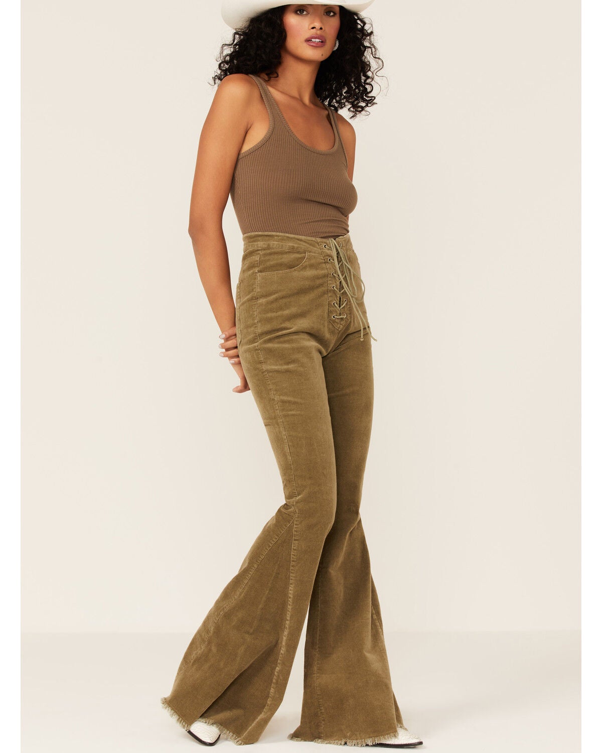 High Rise Lace Up Corduroy Flare Pants 
