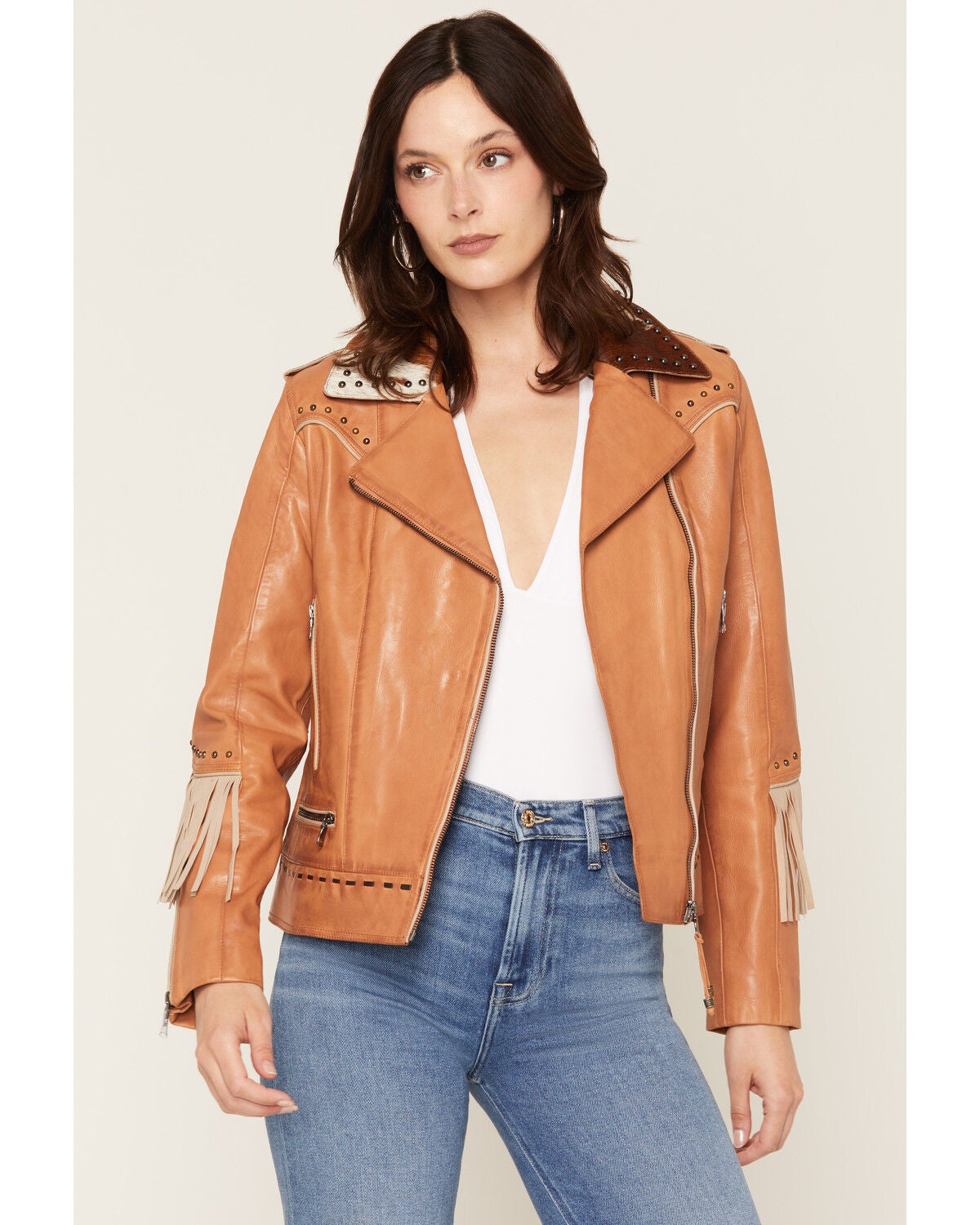 Image #1 - Scully Women's Studded Fringe Cowhide Jacket, Tan, hi-res