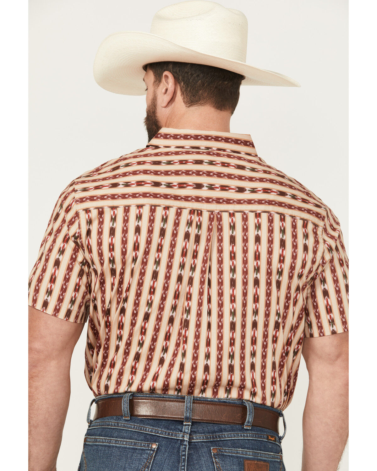 Image #4 - Cody James Men's Bridgestone Southwestern Striped Short Sleeve Button-Down Stretch Western Shirt, Tan, hi-res