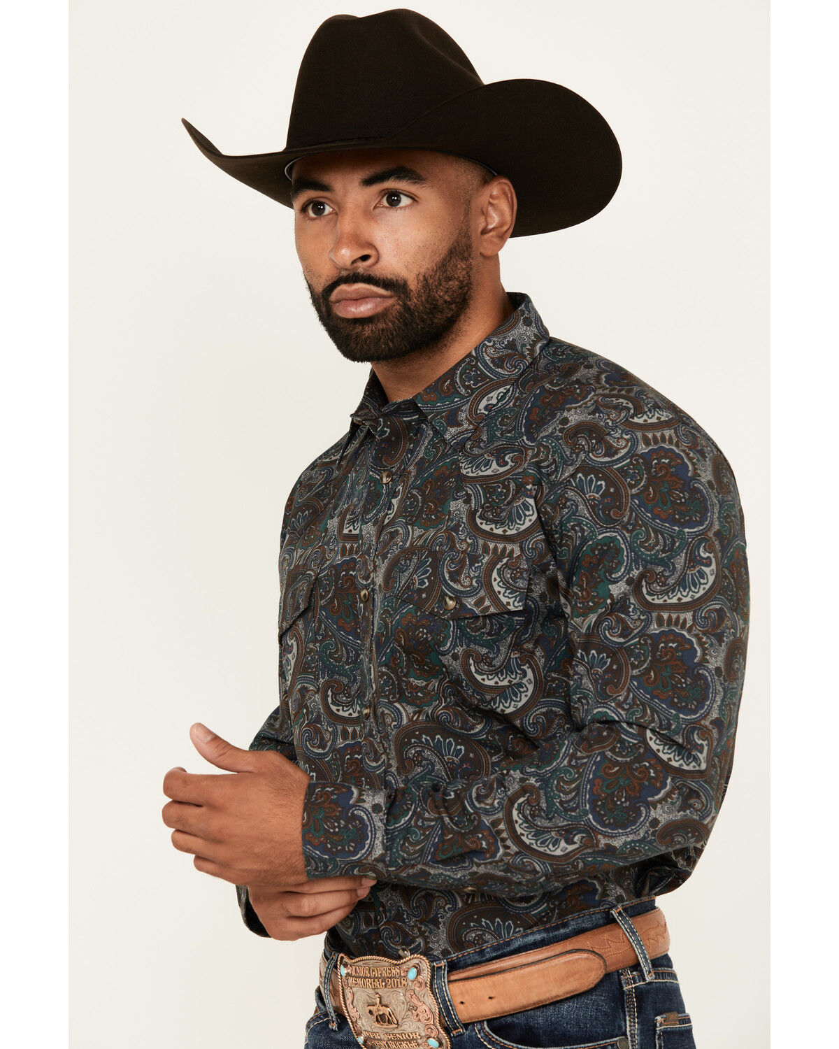 Image #2 - Gibson Trading Co Men's Crazy Paisley Print Long Sleeve Snap Western Shirt, Teal, hi-res