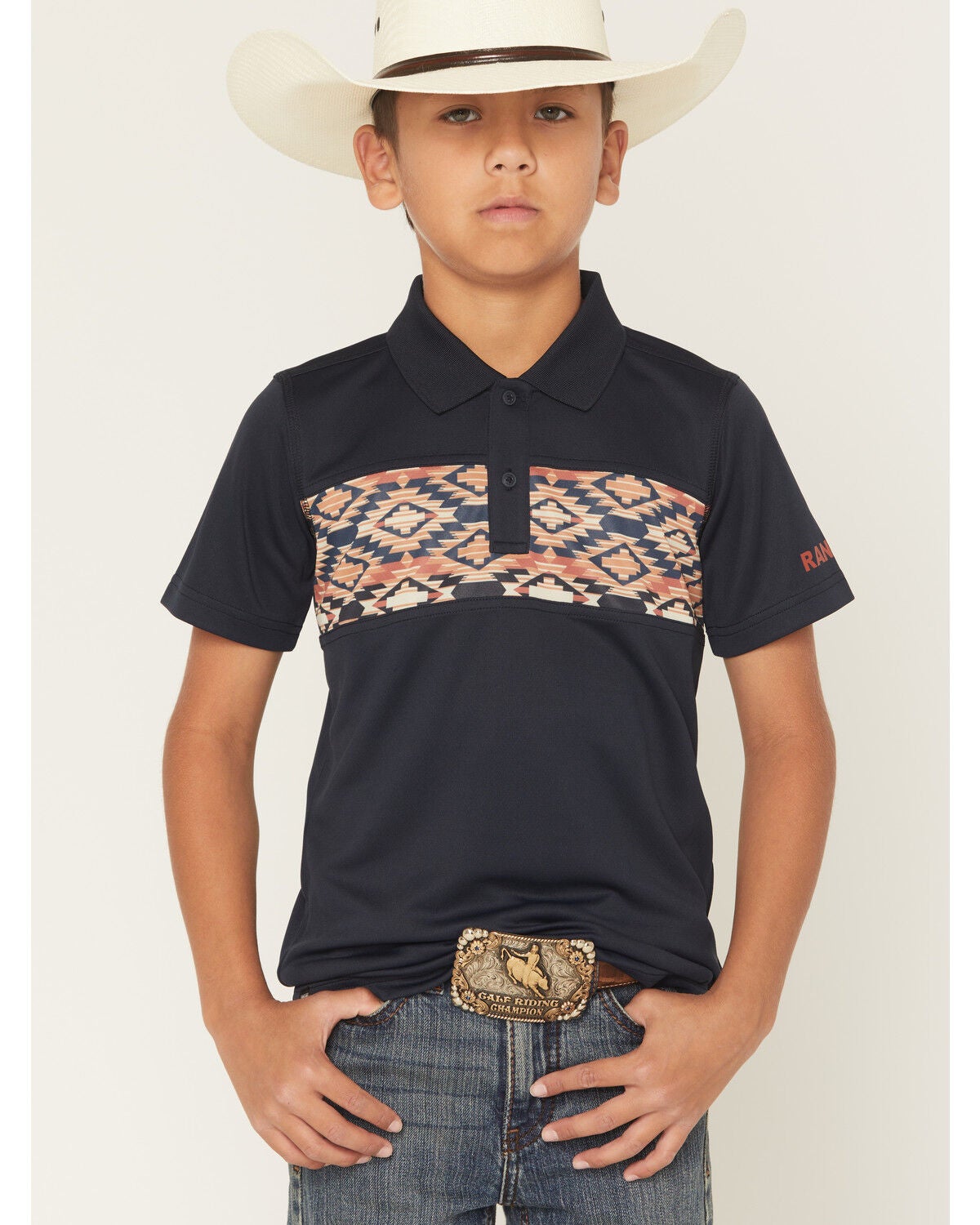 RANK 45&reg; Boys' Southwestern Border Short Sleeve Button-Down Polo Shirt, Navy, hi-res