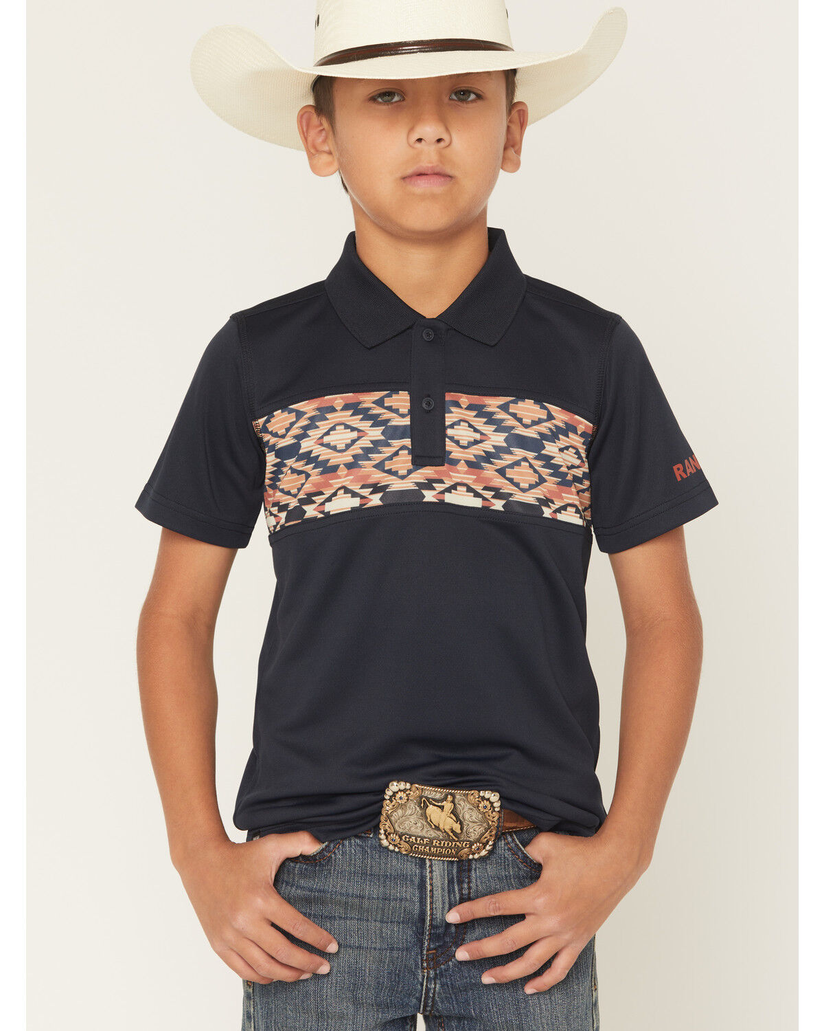 Image #1 - RANK 45® Boys' Southwestern Border Short Sleeve Button-Down Polo Shirt, Navy, hi-res