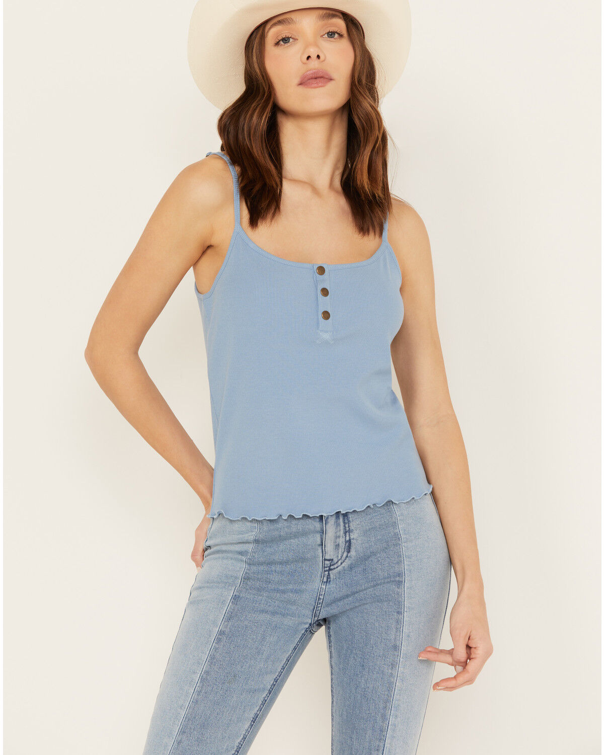 Image #1 - Cleo + Wolf Women's Rib Knit Henley Tank, Medium Blue, hi-res