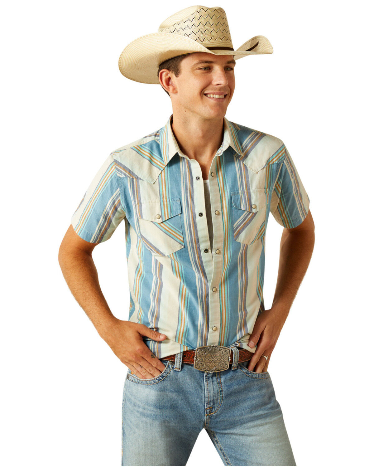 Image #1 - Ariat Men's Hilton Retro Fit Striped Short Sleeve Snap Western Shirt - Big, Off White, hi-res