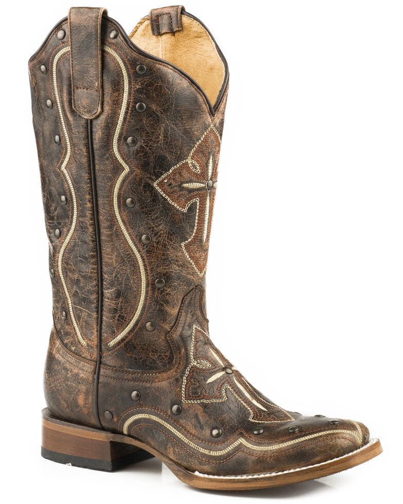Roper Women's Pure Cross & Studs Cowgirl Boots - Square Toe , Brown, hi-res