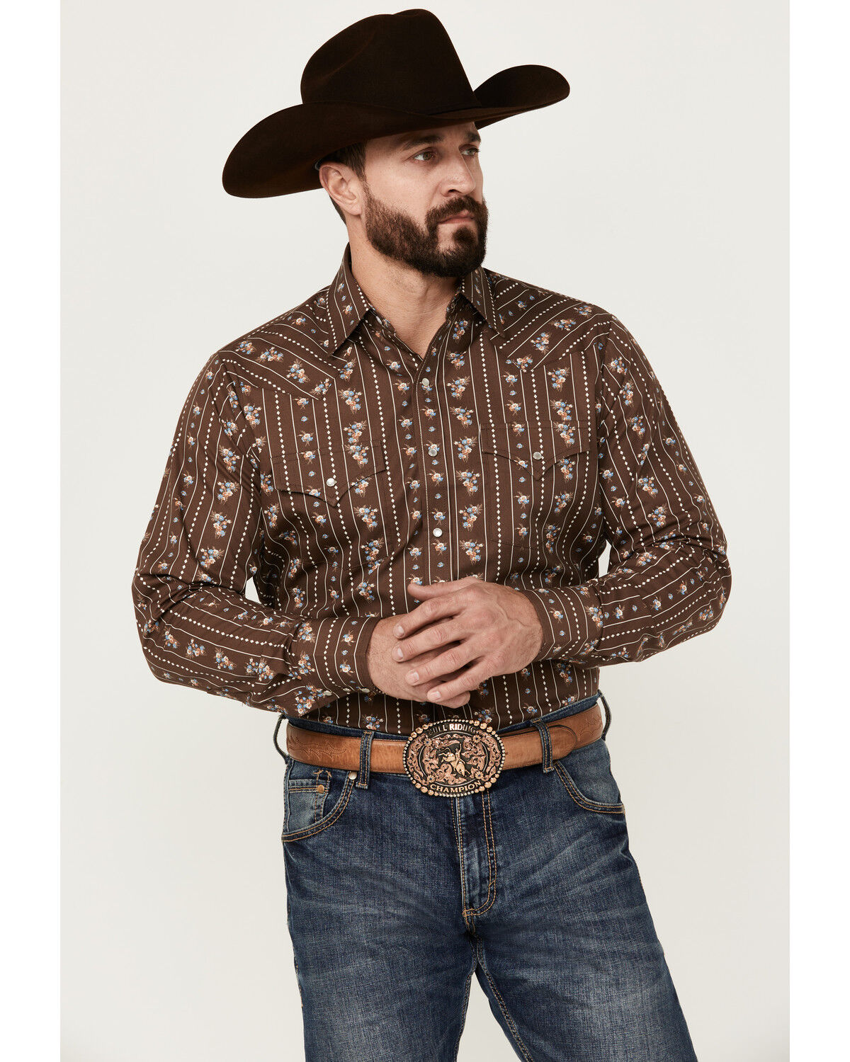 Image #1 - Ely Walker Men's Floral Striped Long Sleeve Pearl Snap Western Shirt, Brown, hi-res