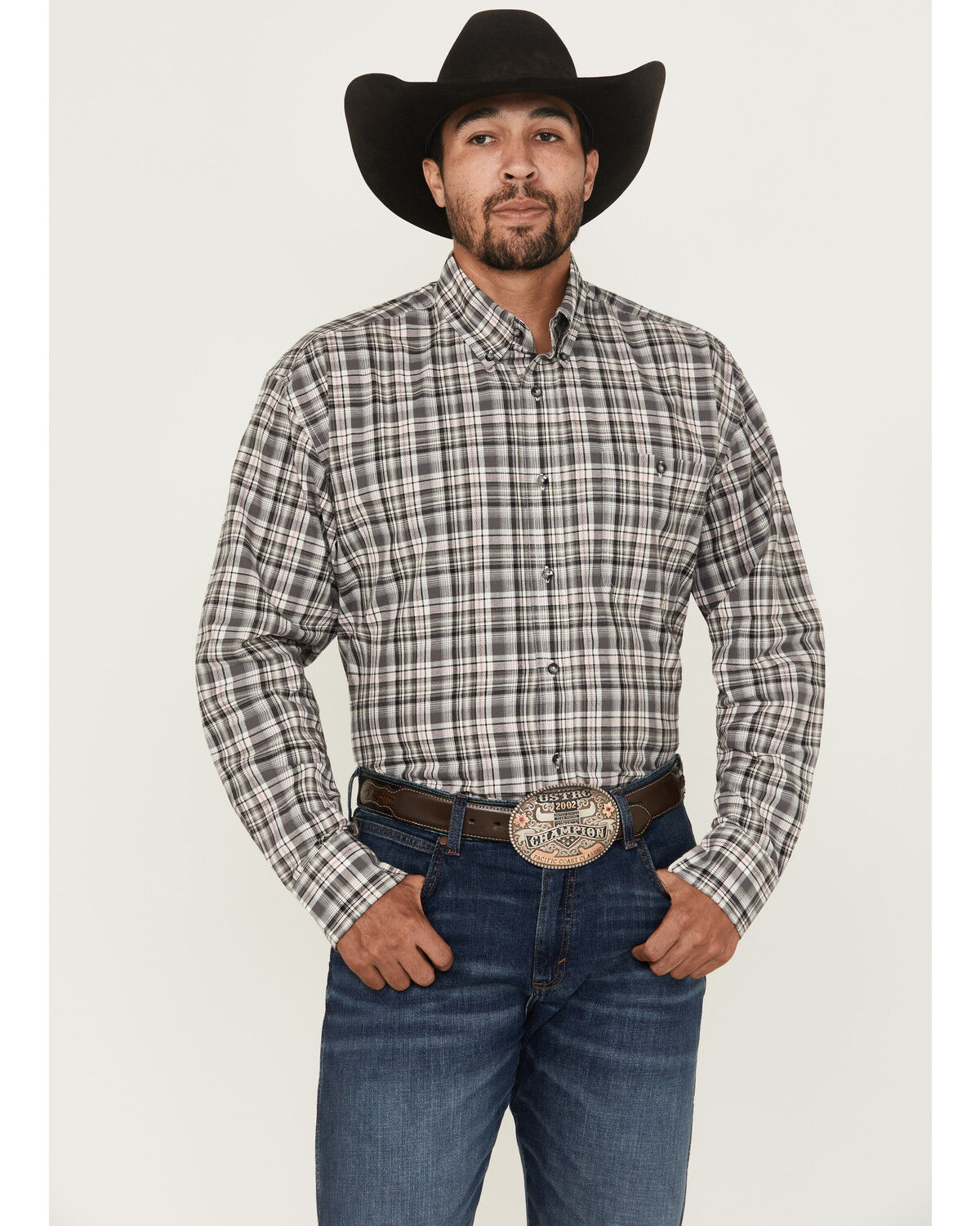 Image #1 - Wrangler Men's Bucking Cancer Plaid Print Long Sleeve Button-Down Western Shirt, Black, hi-res