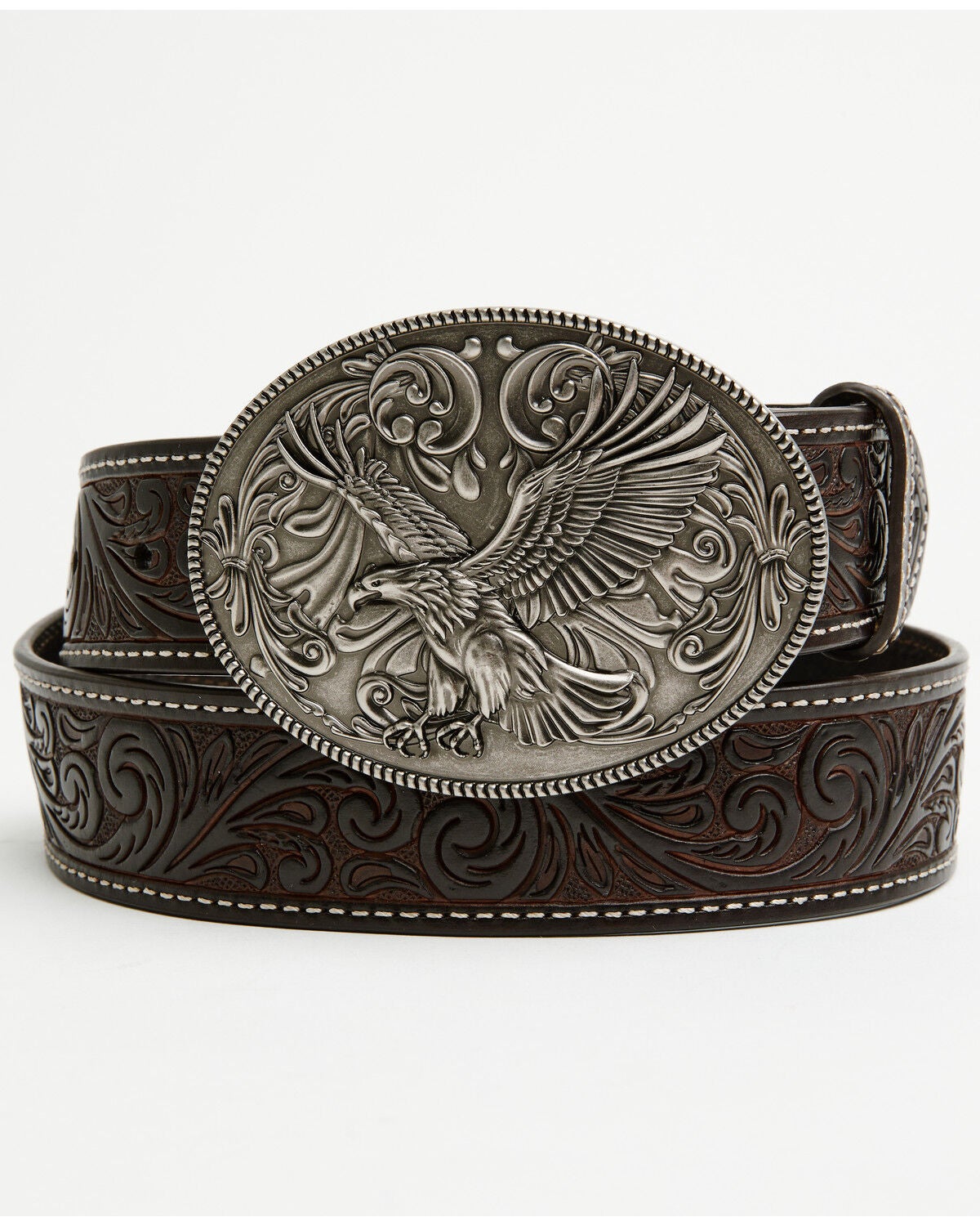 Cody James Men's Lander Tooled Leather Buckle Belt, Chestnut, hi-res