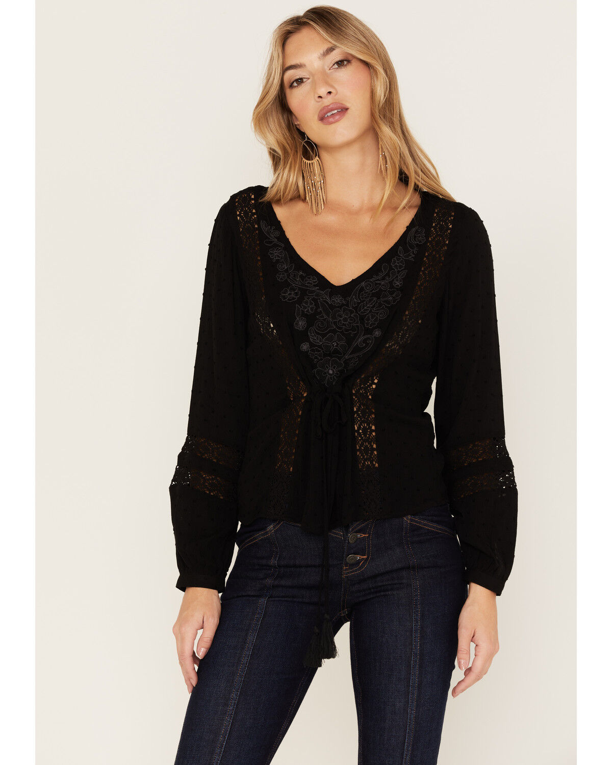 Image #1 - Idyllwind Women's Romance Floral Embroidered Swiss Dot Blouse, Black, hi-res