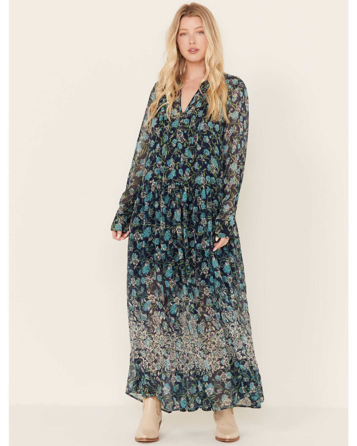 Free People Women's See It Through Floral Long Sleeve Maxi Dress, Blue, hi-res
