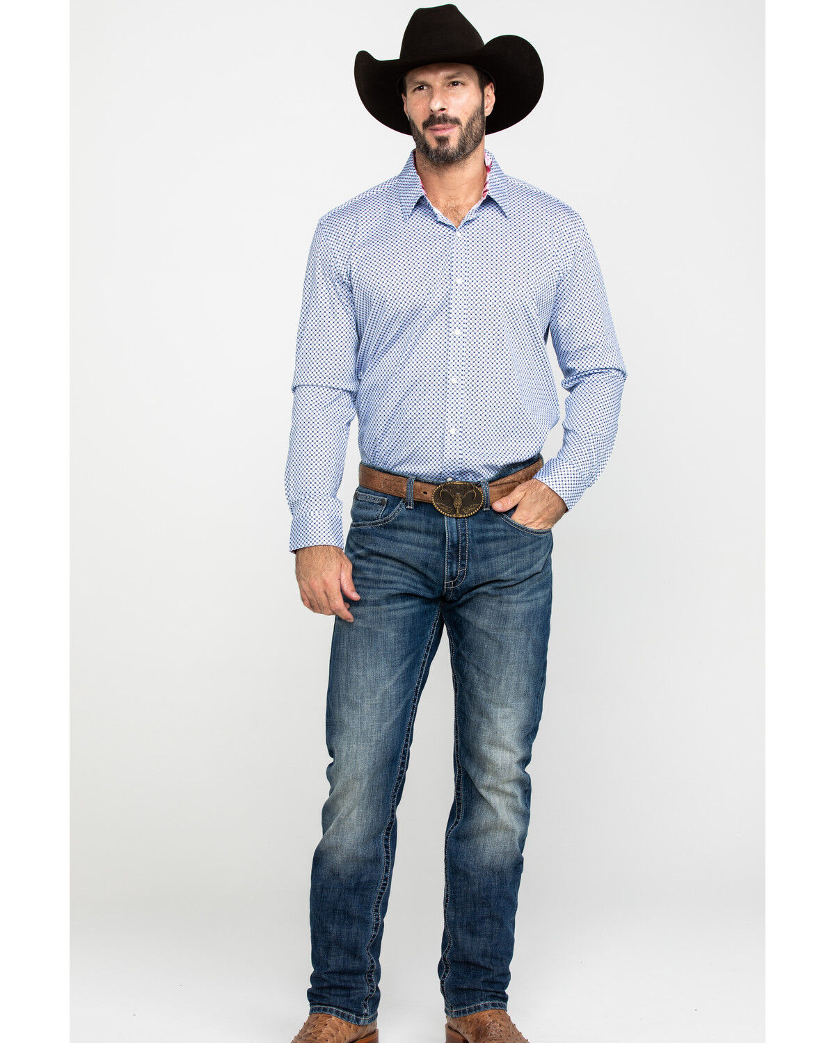 Image #6 - Scully Signature Soft Series Men's X Geo Print Long Sleeve Western Shirt, Blue, hi-res