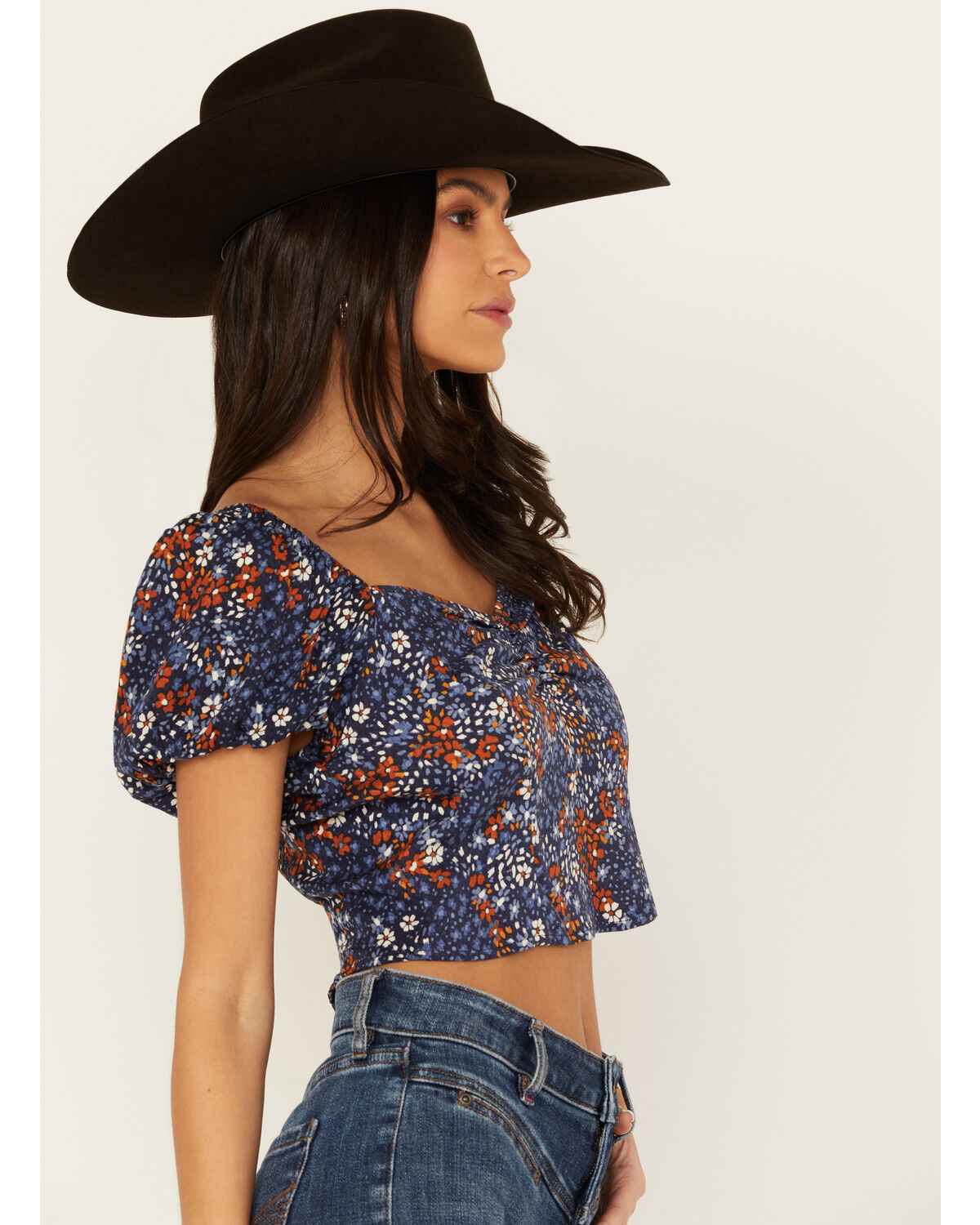 Image #3 - Idyllwind Women's Deerbrok Ditsy Print Puff Sleeve Top, Steel Blue, hi-res