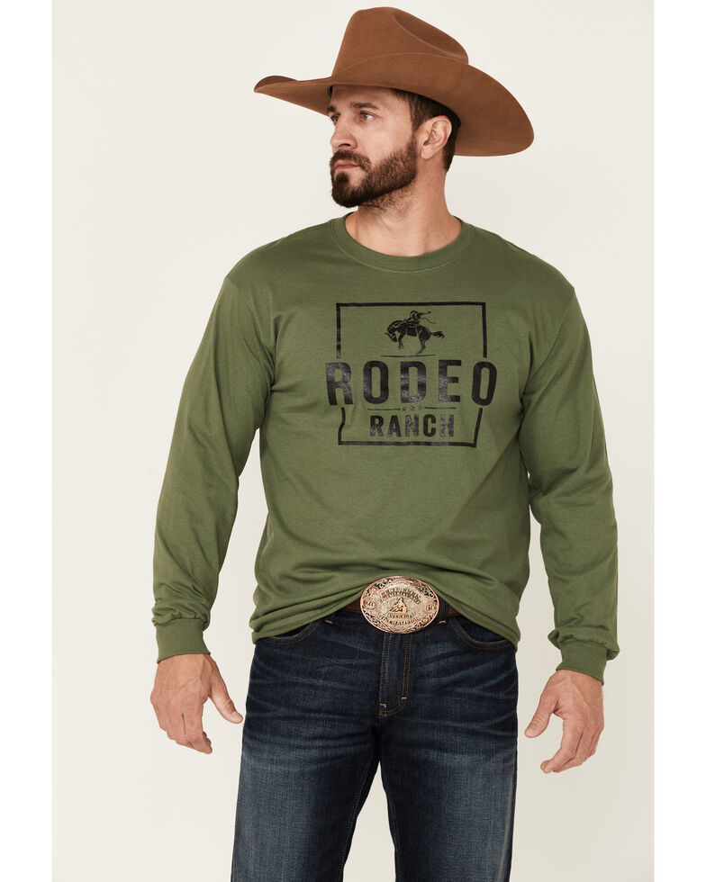 Rodeo Ranch Men's Olive Green Bucker Graphic Long Sleeve T-Shirt , Olive, hi-res