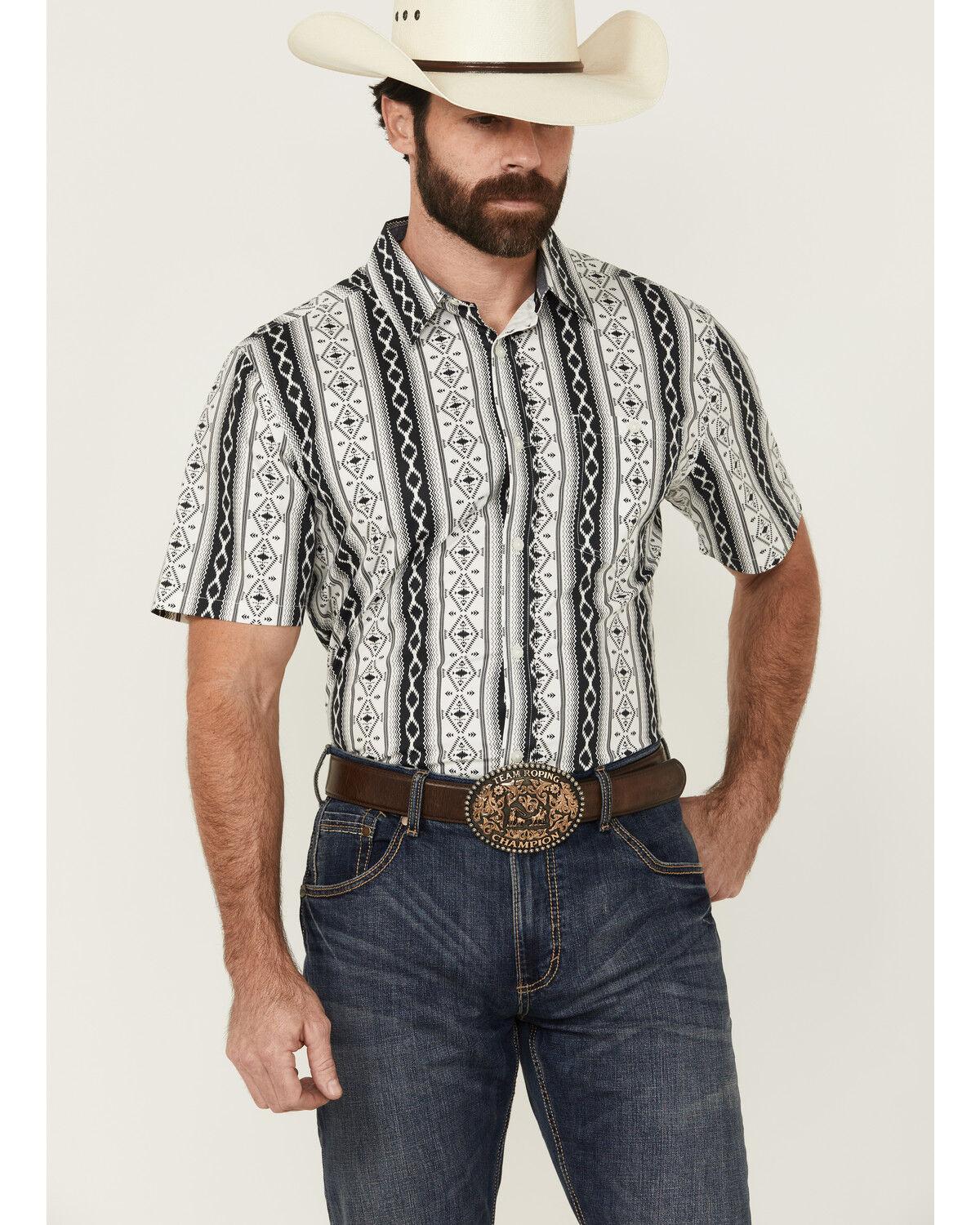 Image #1 - RANK 45® Men's Buffalo Southwestern Striped Print Short Sleeve Button-Down Stretch Western Shirt, White, hi-res