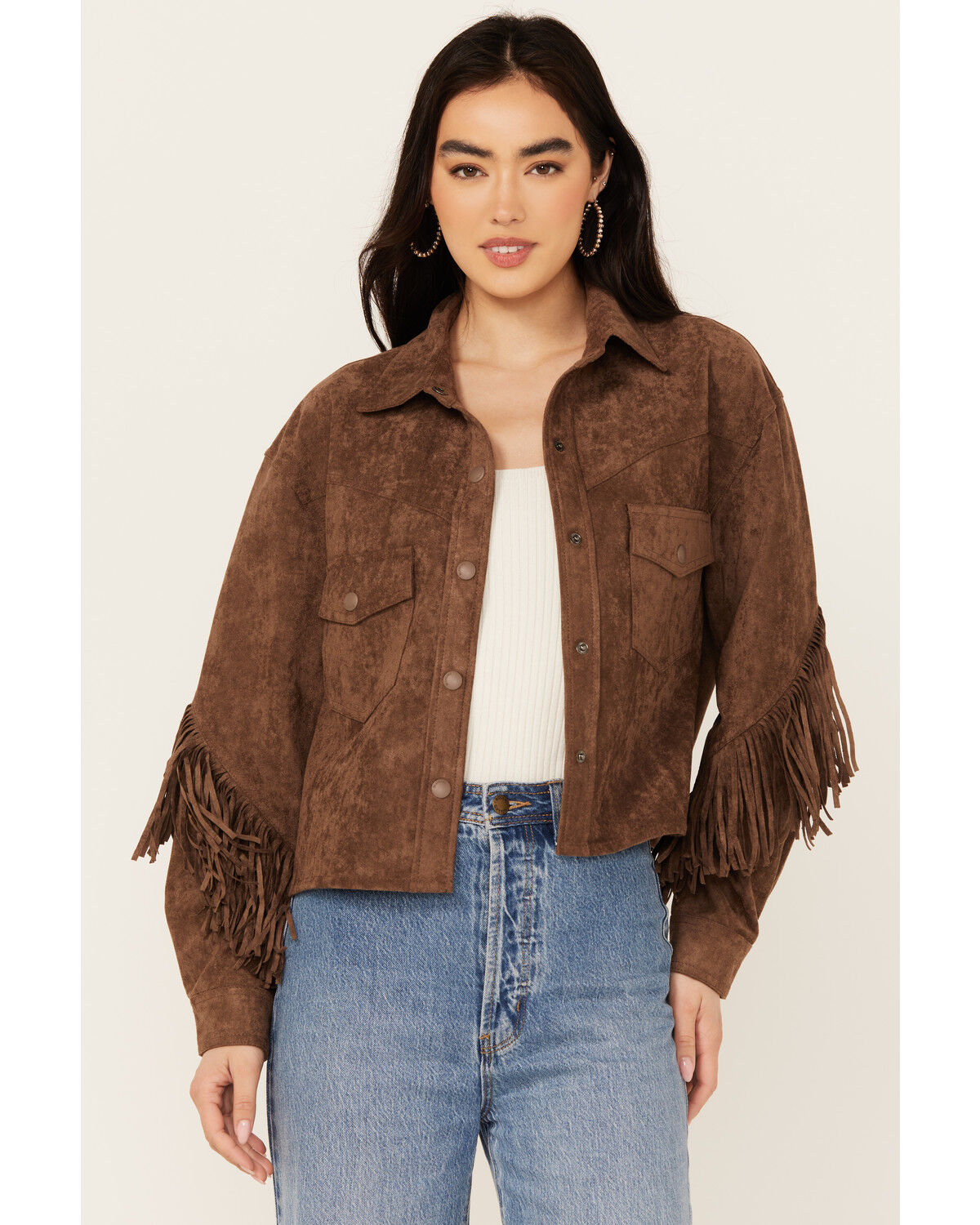 Image #1 - BLANKNYC Women's Faux Suede Fringe Jacket, Brown, hi-res