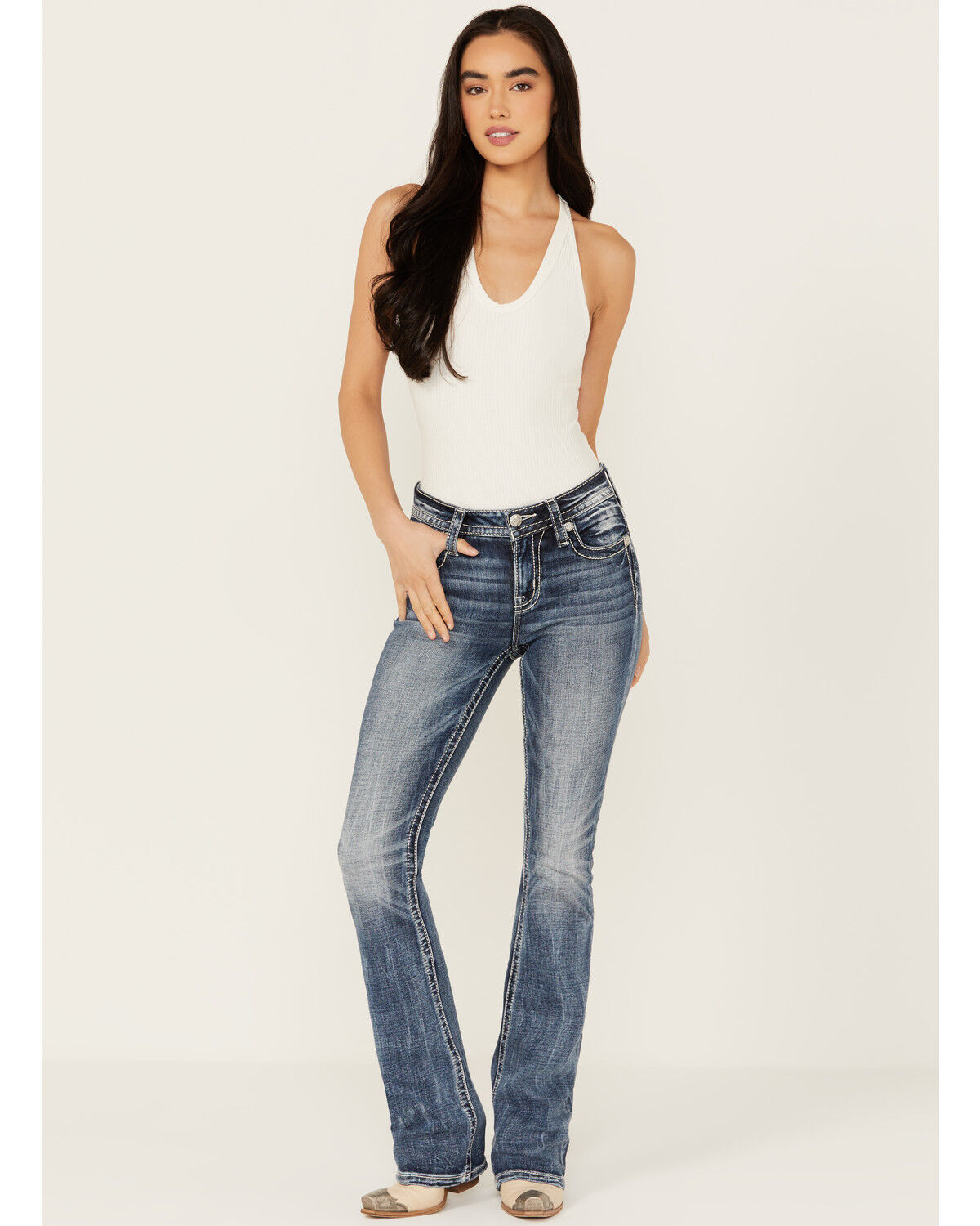 Image #3 - Miss Me Women's Dark Wash Mid Rise Downward Wing Pocket Bootcut Stretch Denim Jeans, , hi-res