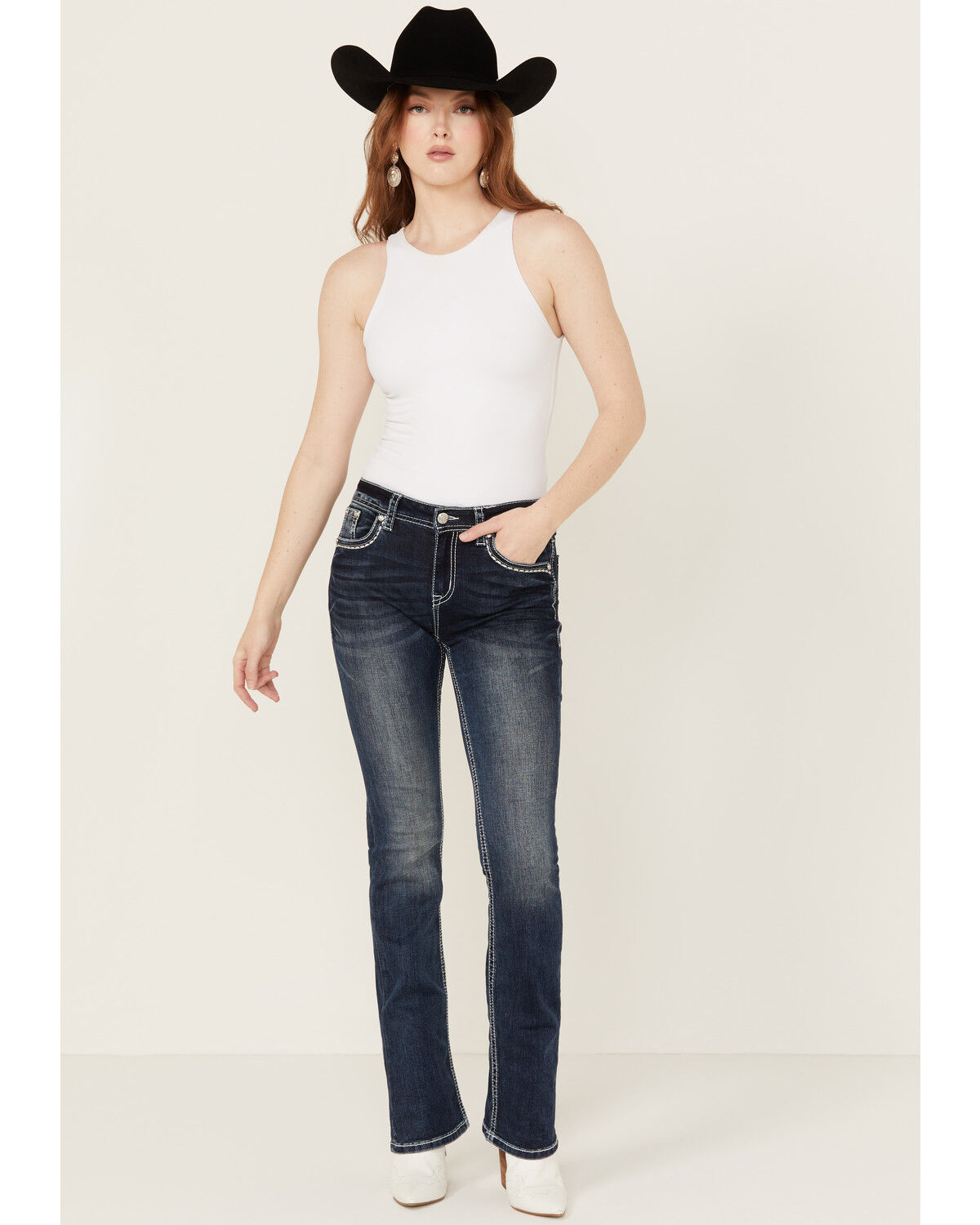 Image #3 - Grace In LA Women's Dark Wash Sequin Pocket Mid Rise Bootcut Stretch Denim Jeans, Dark Wash, hi-res