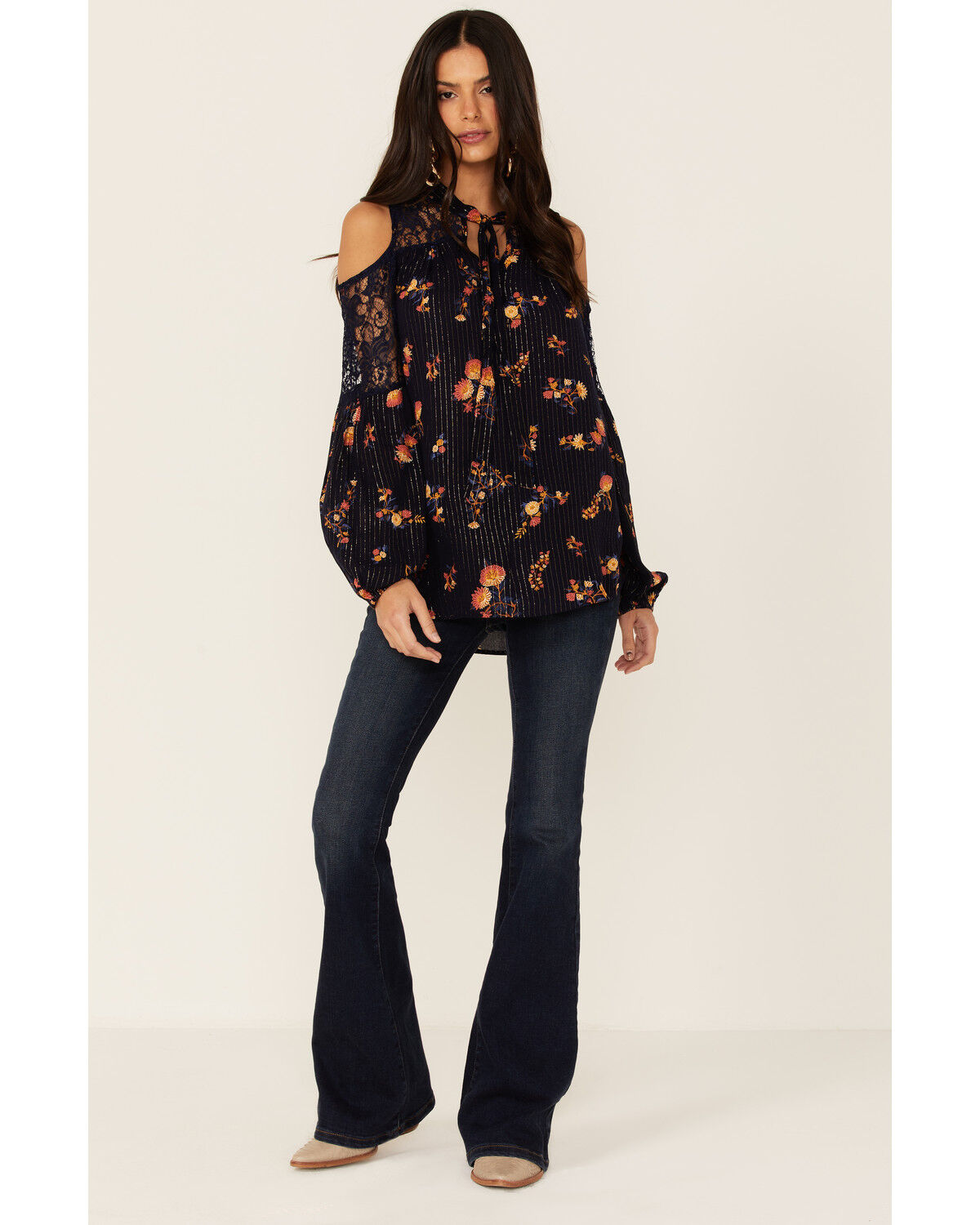 Image #2 - Miss Me Women's Cold Shoulder Long Sleeve Floral Top, Navy, hi-res