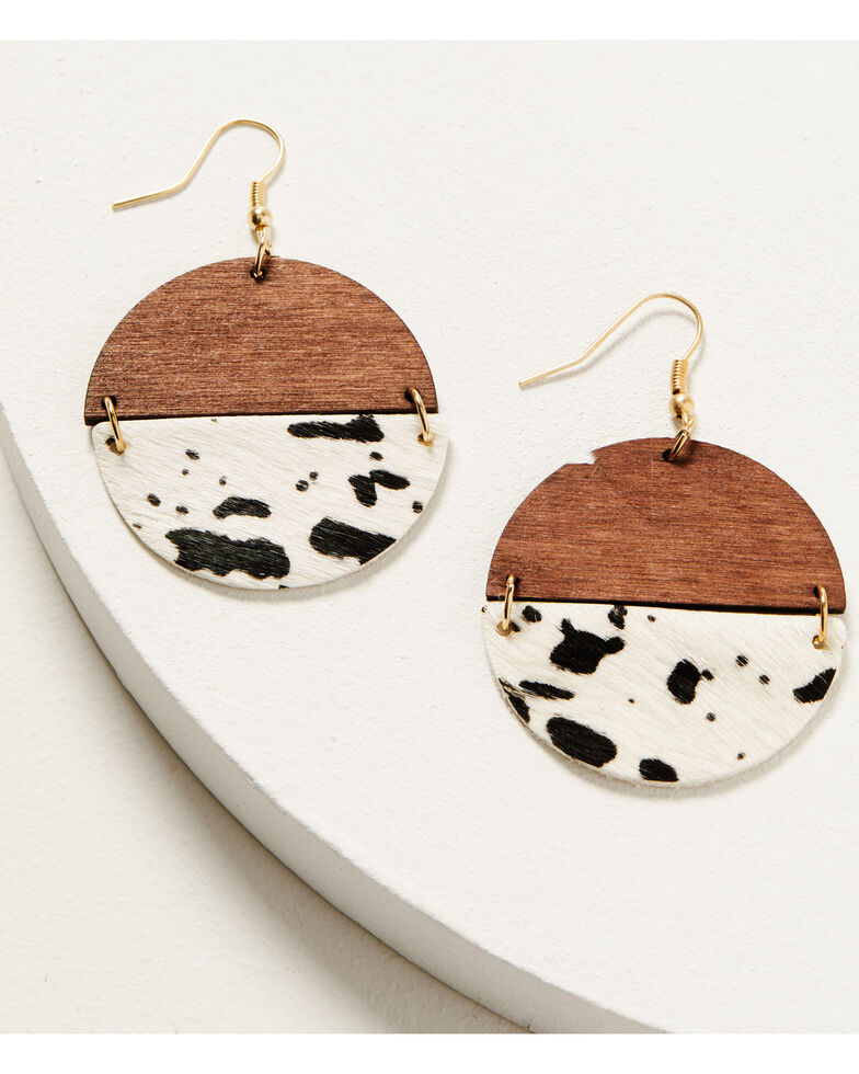 Shyanne Women's Cow Print Wood Circle Disc Earrings, Gold, hi-res