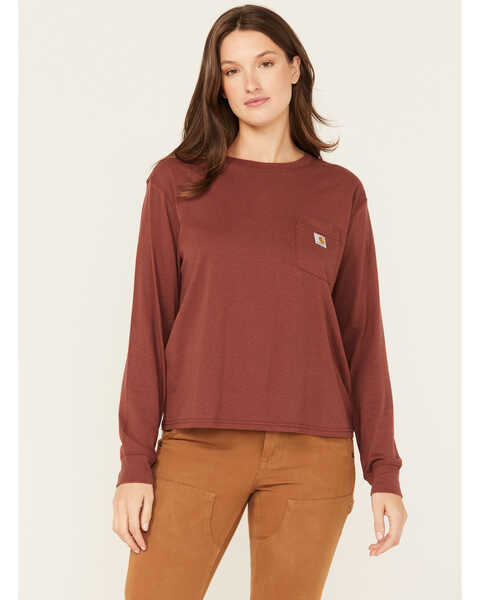Image #1 - Carhartt Women's Loose Fit Lightweight Long Sleeve Pocket T-Shirt, Dark Brown, hi-res