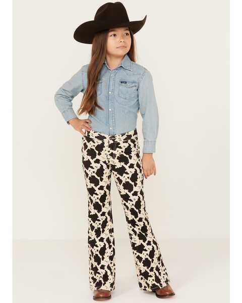 Rock & Roll Denim Girls' Cow Print Bargain Button Stretch Flare Jeans , Multi, hi-res