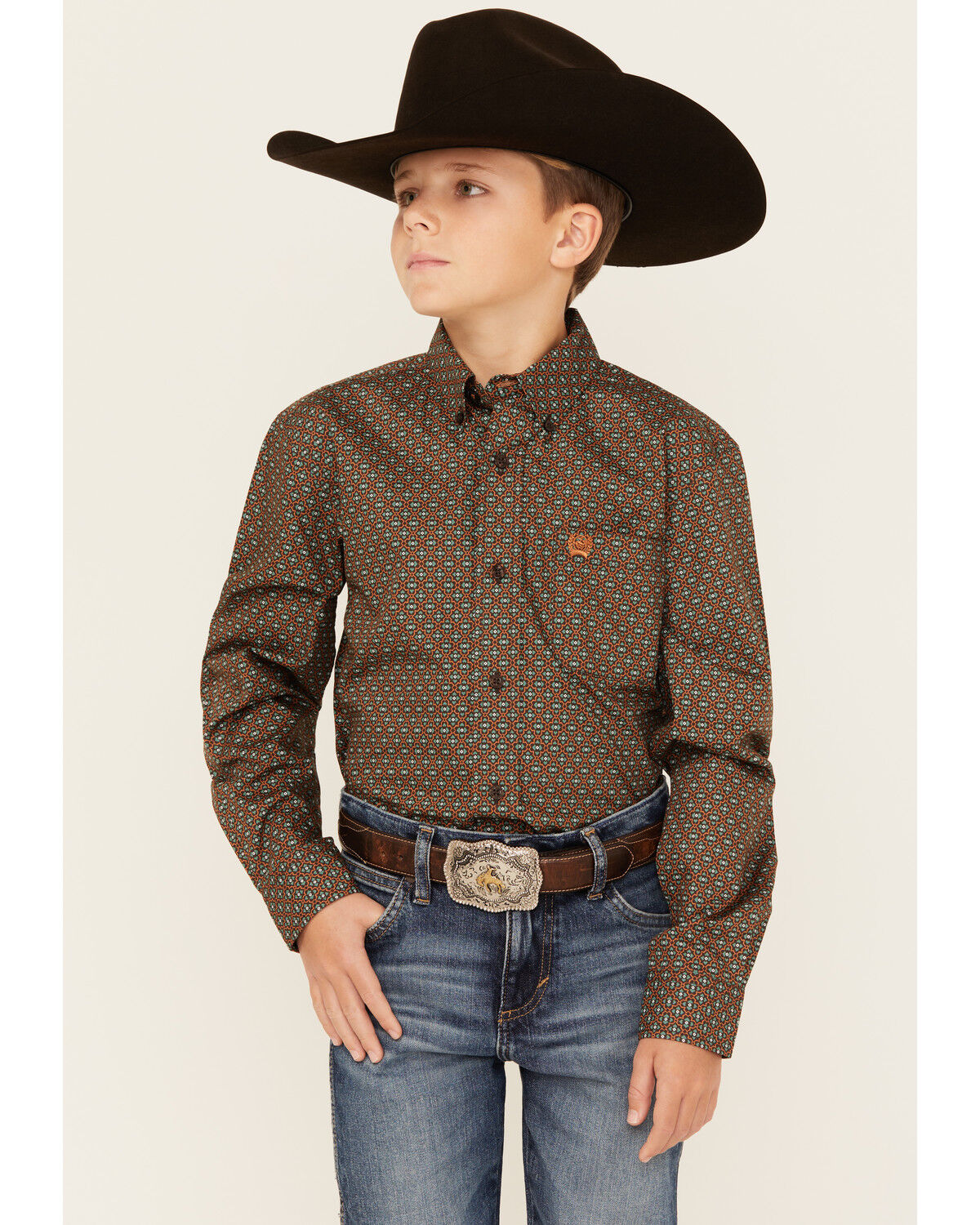 Image #1 - Cinch Boys' Geo Print Long Sleeve Button-Down Western Shirt, Brown, hi-res