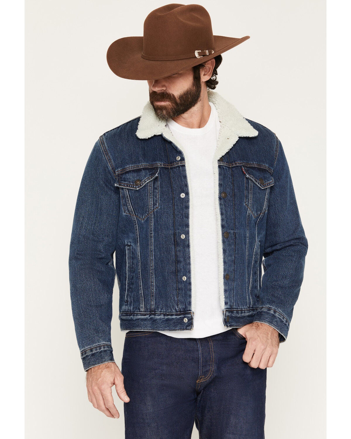 Levi's Men's Dark Wash Sherpa Lined Snap Denim Jacket, Dark Wash, hi-res