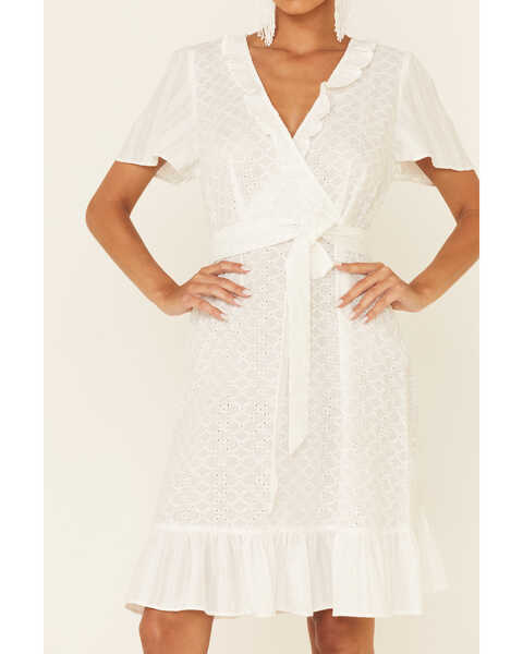 Image #3 - Very J Women's Eyelet Ruffle Surplice Dress, White, hi-res