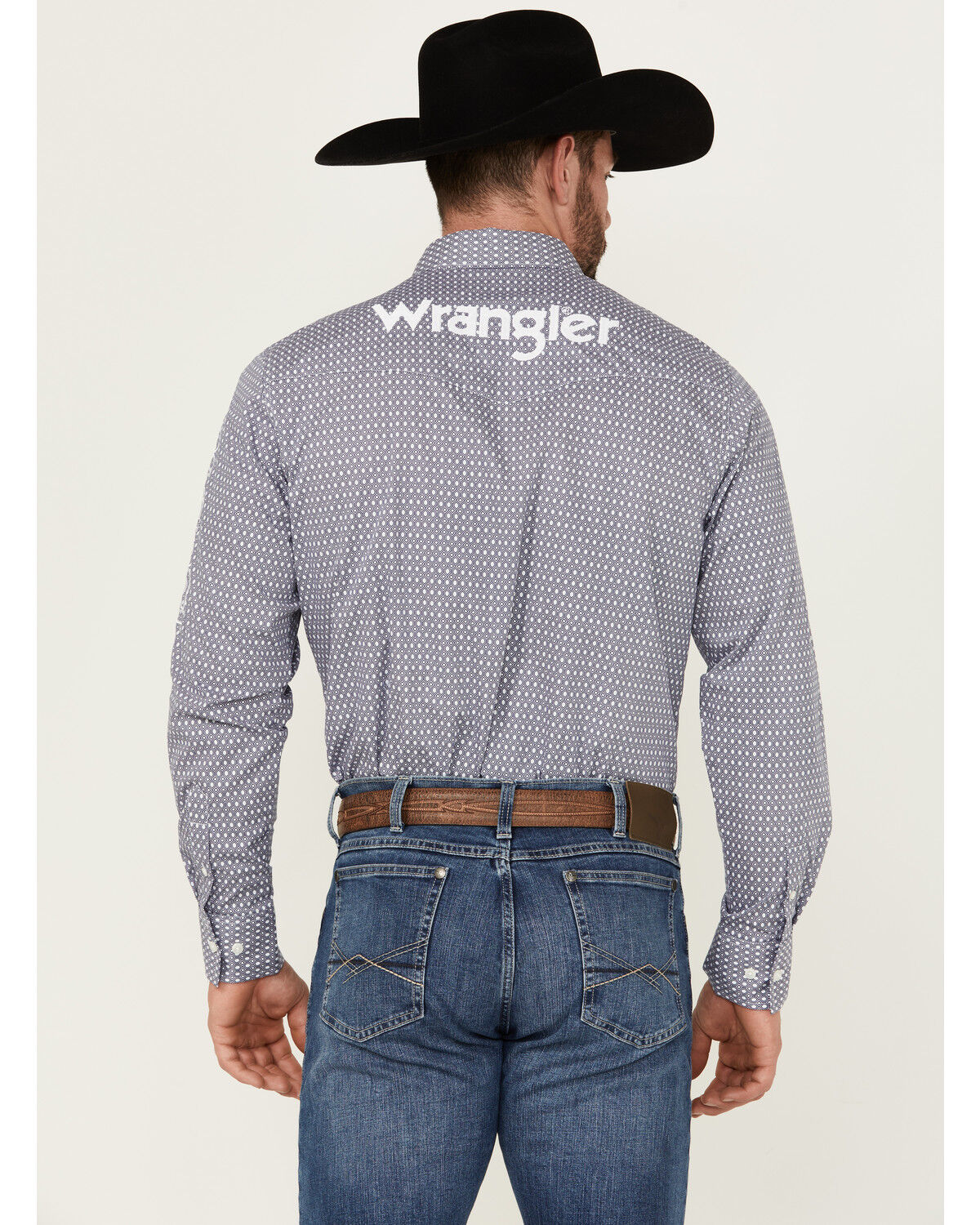 Image #1 - Wrangler Men's Geo Print Logo Long Sleeve Button-Down Western Shirt, Navy, hi-res