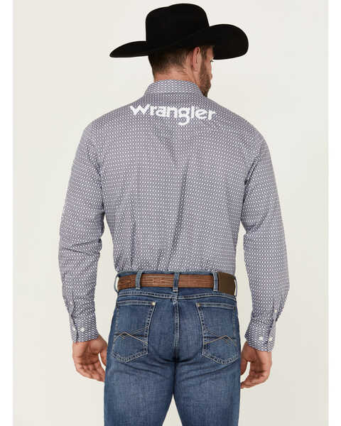 Wrangler Men's Geo Print Logo Long Sleeve Button-Down Western Shirt , Navy, hi-res